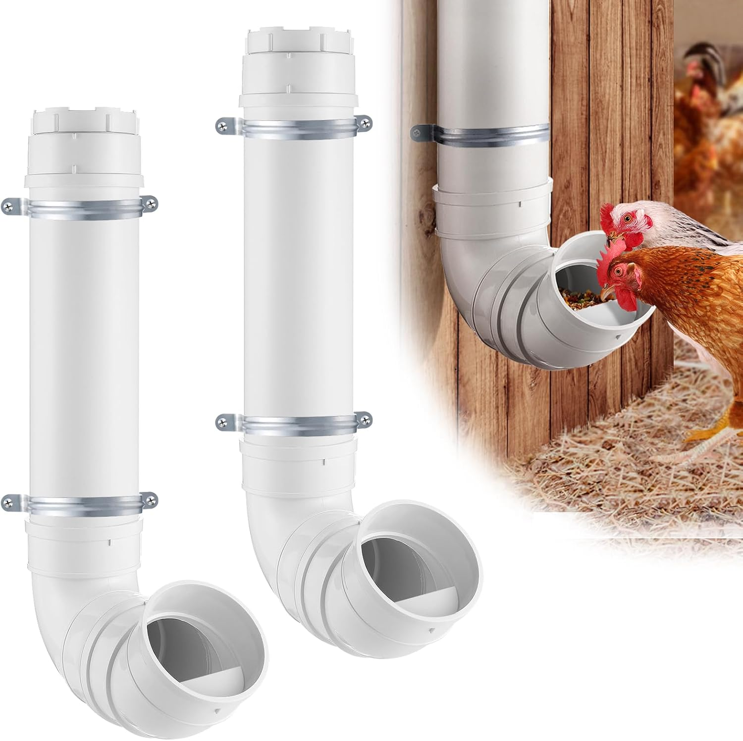 MEWTOGO Automatic Chicken Feeder No Waste - 6.6 Pounds Capacity Heavy Duty PVC Pipe Chicken Coop Feeder, Poultry Gravity Feed Port Used in Chicken Coop for Chicken Long Feeding