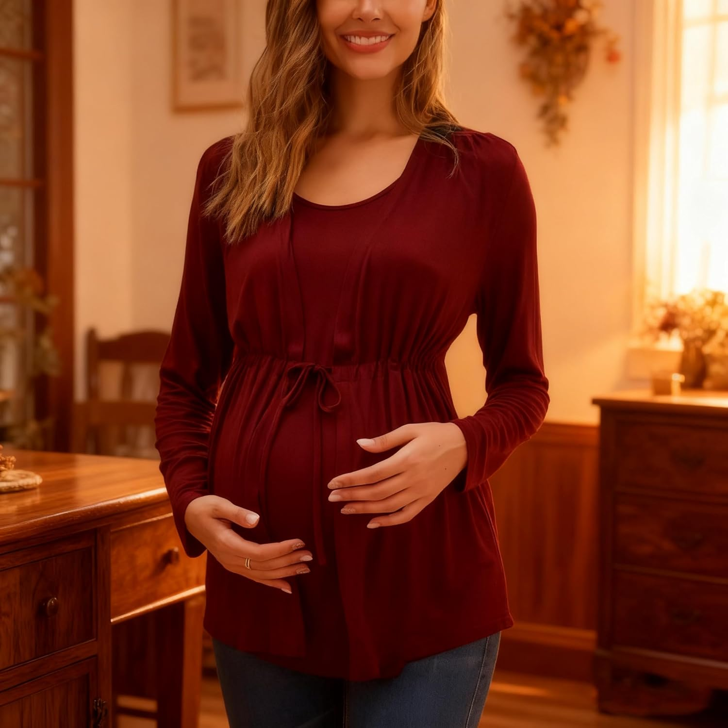 Fashionable Faux Two-Piece Maternity T-Shirt, Long-Sleeve Nursing Top, Fall/Winter Style. image number 1