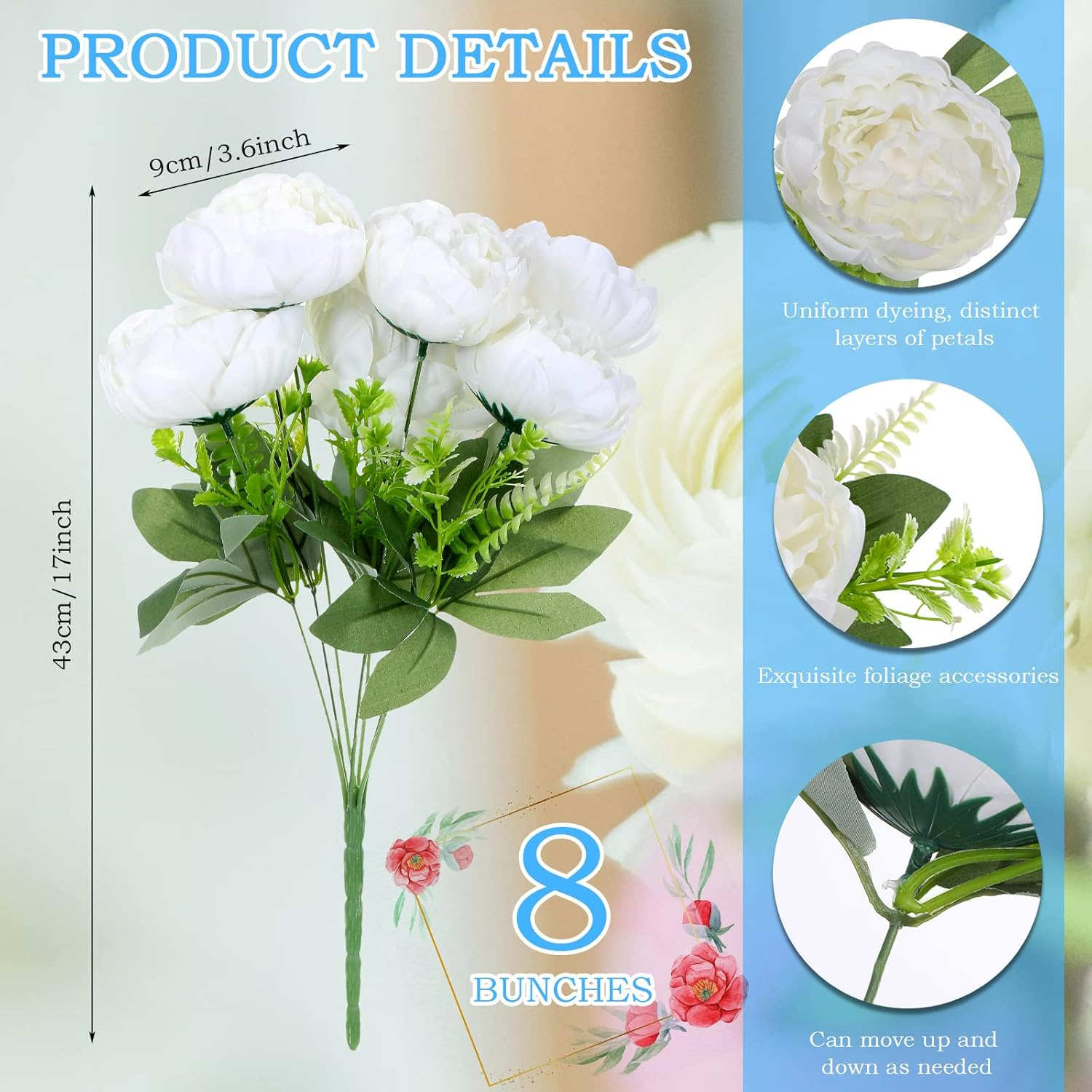 Yunlly 56 Heads Peonies 8 Bunches Artificial Peony Flowers Silk Fake Peony Flowers for Table Centerpieces Boho Home Decor Arrangement Decor Floral Bouquets Wedding Bouquet (White)