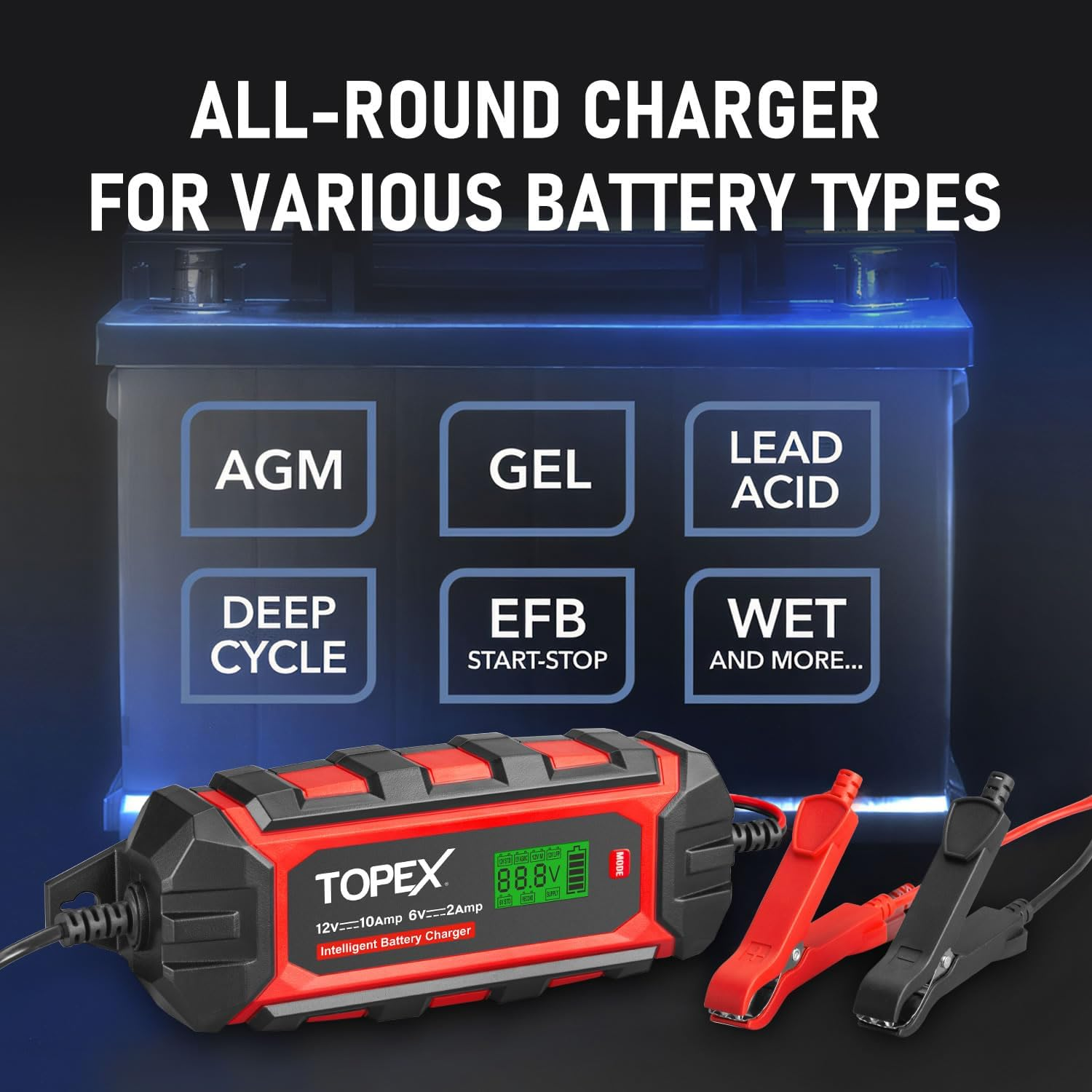 TOPEX Car Battery Charger, 12V 10A/ 6V 2A Smart Automatic Battery Charger Maintainer IP65 Rated with 10 Stage Charging LCD Display for Lead Acid, Lifepo4 Battery in Car, Truck, Motorcycle, Boat, SUV image number 5