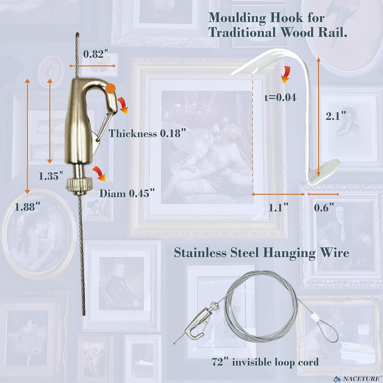 Picture Hanging Kit &ndash; Picture Rail Hooks with 12 of Each White Rail Hooks, 72 Inch Invisible Loop Cord, 12 Adjustable Hooks &ndash; Stainless Steel Picture Molding Hangers Nylon and Steel Cable image number 2