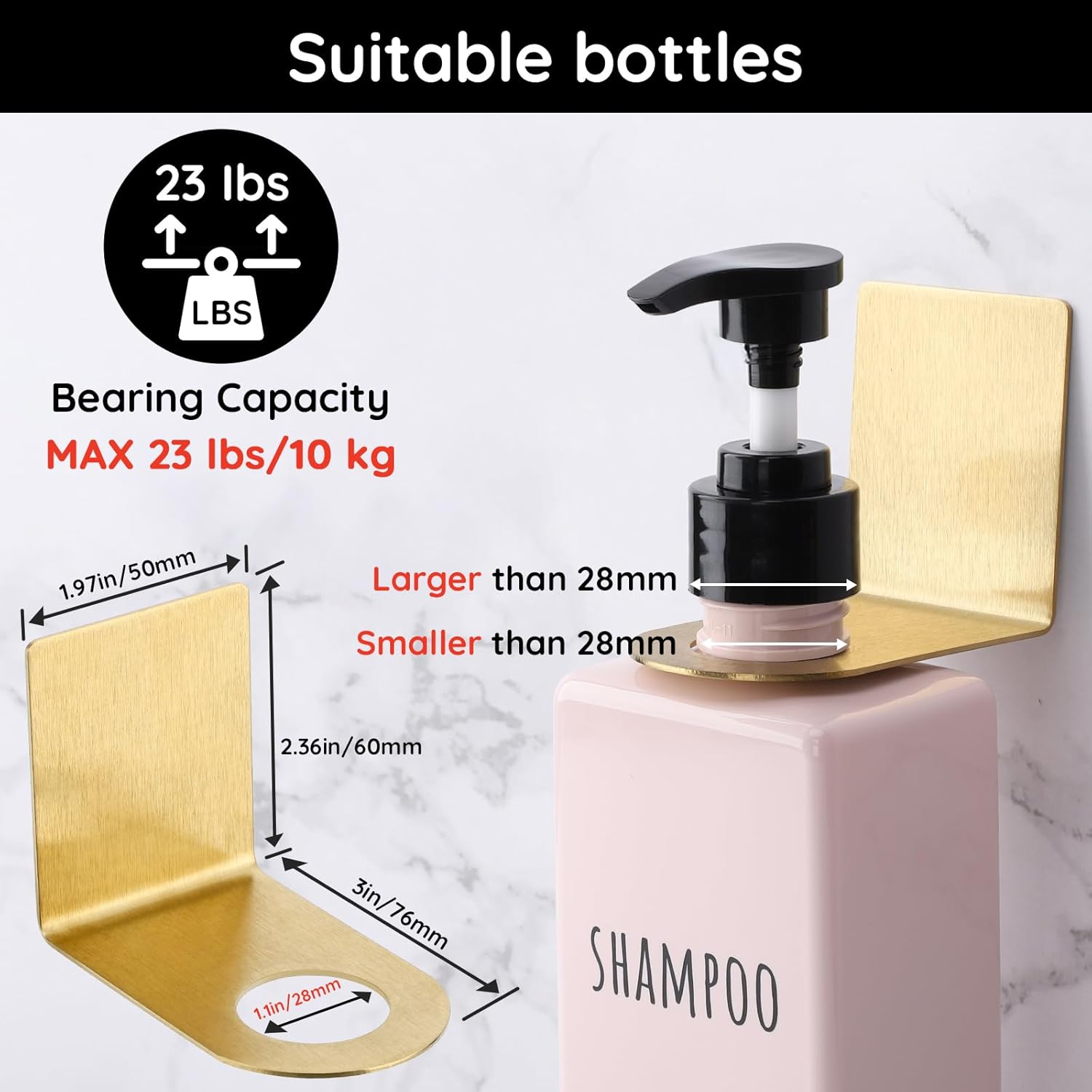 Segbeauty Stainless Soap Bottle Dispenser Holder, Pack of 3, Dia 1.1In/2.8Cm, Drill-Free, Adhesive Wall Mount, Gold