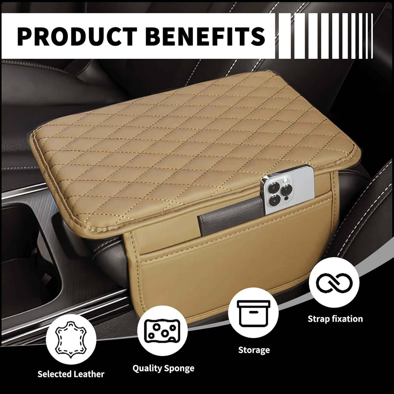 Car Center Console Cover with 2 Storage Bags, Leather Arm Rest Cover for Car Accessories Interior, Auto Universal Middle Console Cover Cushion Protector for Most Vehicle (Beige) image number 3