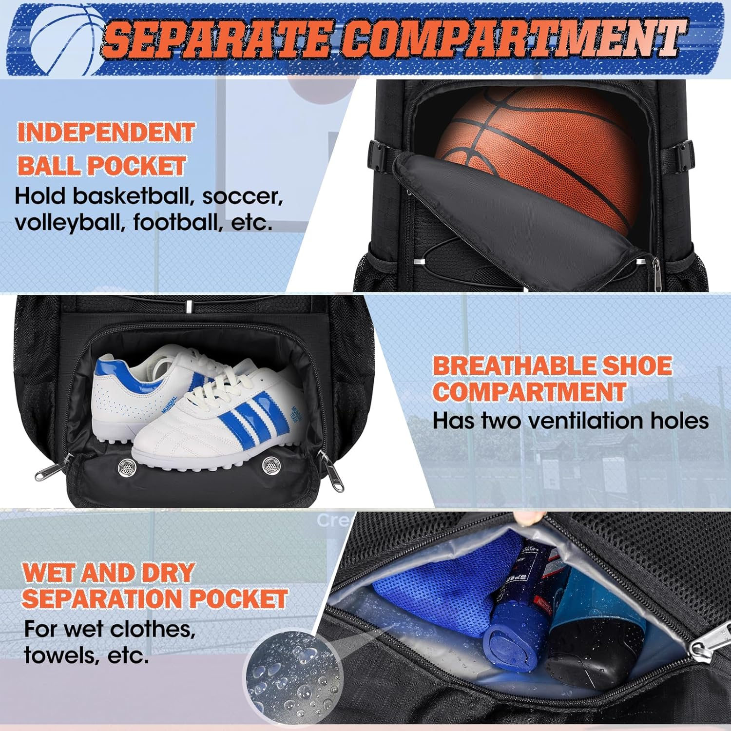 Basketball Backpack 45L Basketball Bag with Separate Ball Holder & Shoes Compartment Water Resistant Sports Bag Basketball Equipment Bags Fit Volleyball, Soccer, Swim, Gym, Travel - Gray image number 2