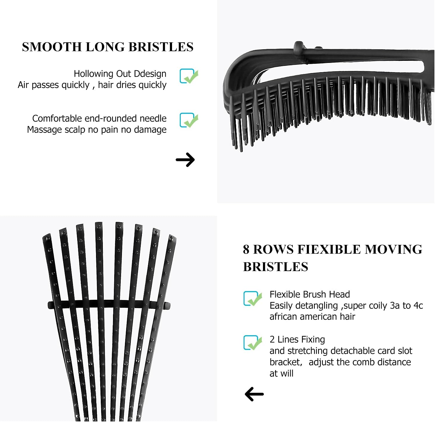 Detangling Hair Brush, Detangling Brush for Adults and Kids, Comb Set for Kinky Curly Coily and Wavy Hair, for Wet and Dry Hair, Afro American Type 3A-4C, Comfortable Grip, Easy to Clean(Black) - Blue image number 2