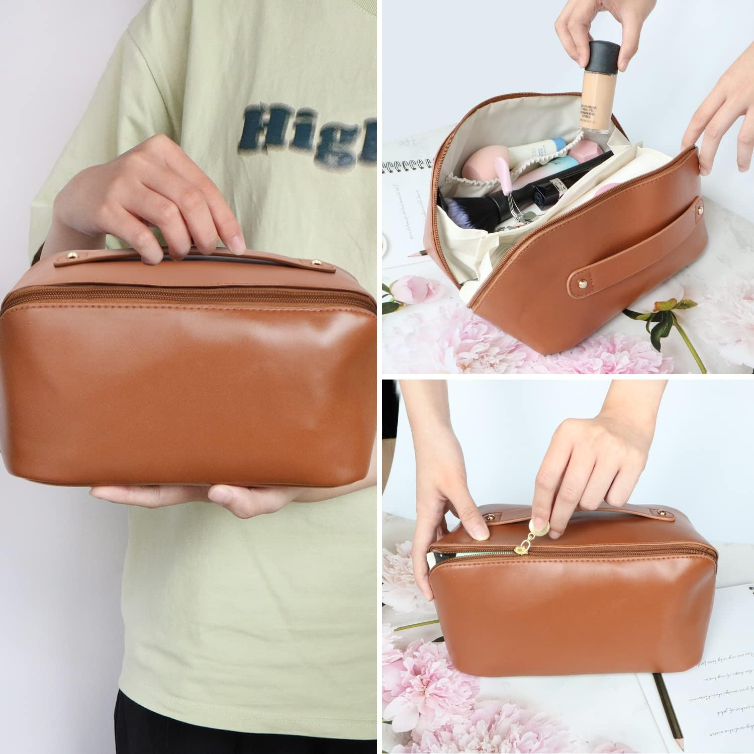 Cosmetic Bag, Large Capacity Travel Makeup Bag, PU Waterproof Storage Cosmetic Bag, Women Portable Travel Makeup Bag with Handle and Divider Flat Lay Makeup Organizer Bag (Brown) image number 1