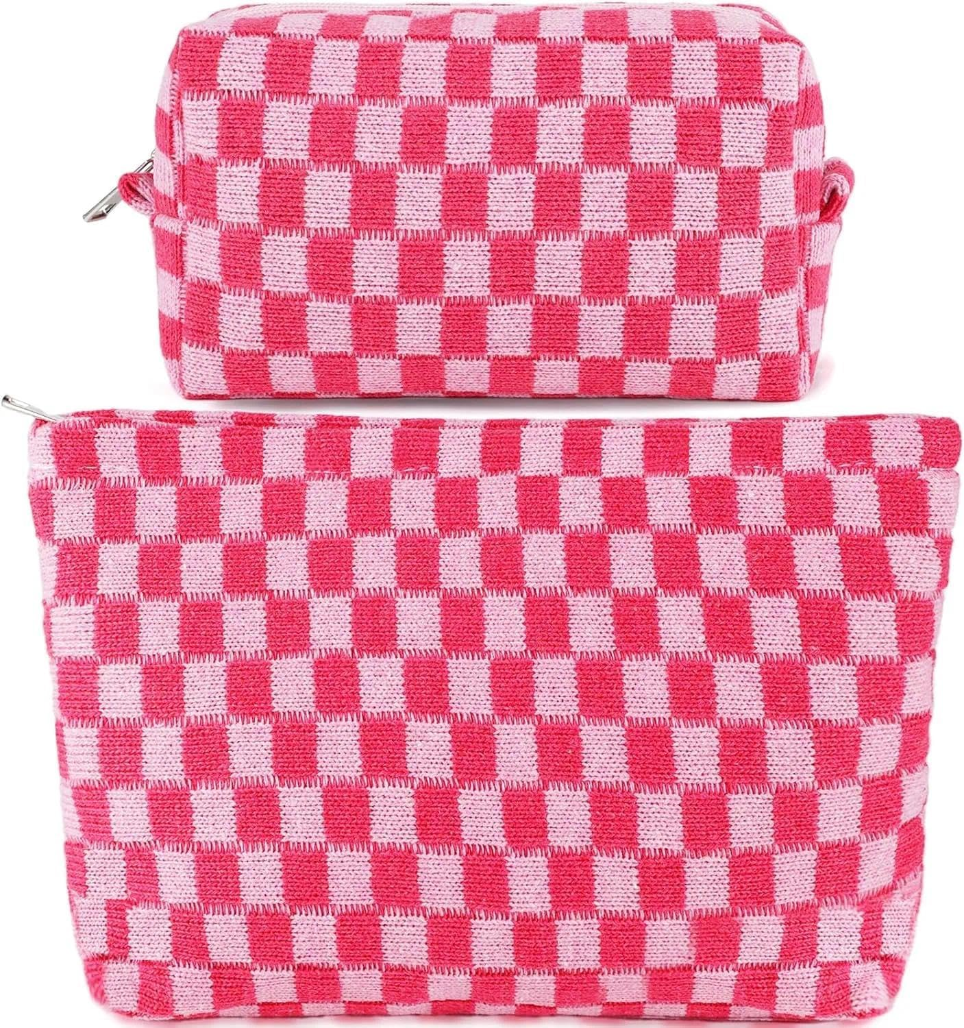 Pink Makeup Bag Set, Travel Makeup Bag Organizer, Portable Cute Checkered Cosmetic Bags for Women, Small Makeup Pouch for Purse, Storage Bag for Toiletries and Makeup Accessories - Damaill image number 5