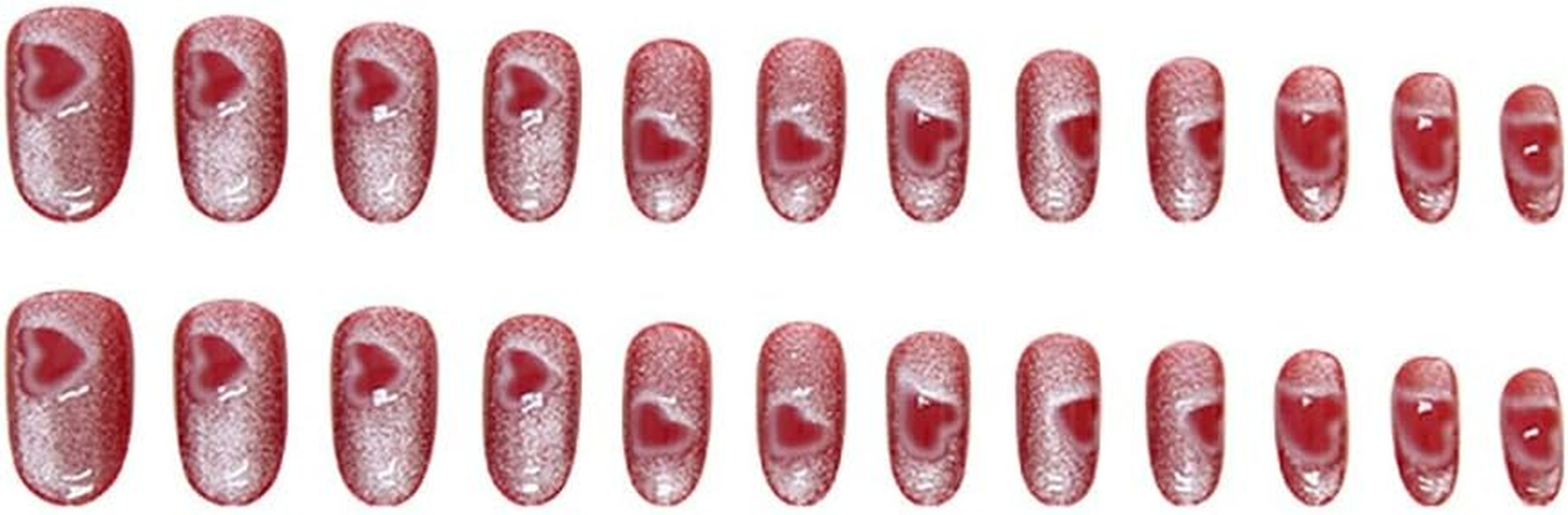 24 PCS Rose Red Press on Nails Heart Cat Eye False Nails Glossy Medium Oval False Nails Full Cover Stick on Nails Tips for Women and Girls image number 5