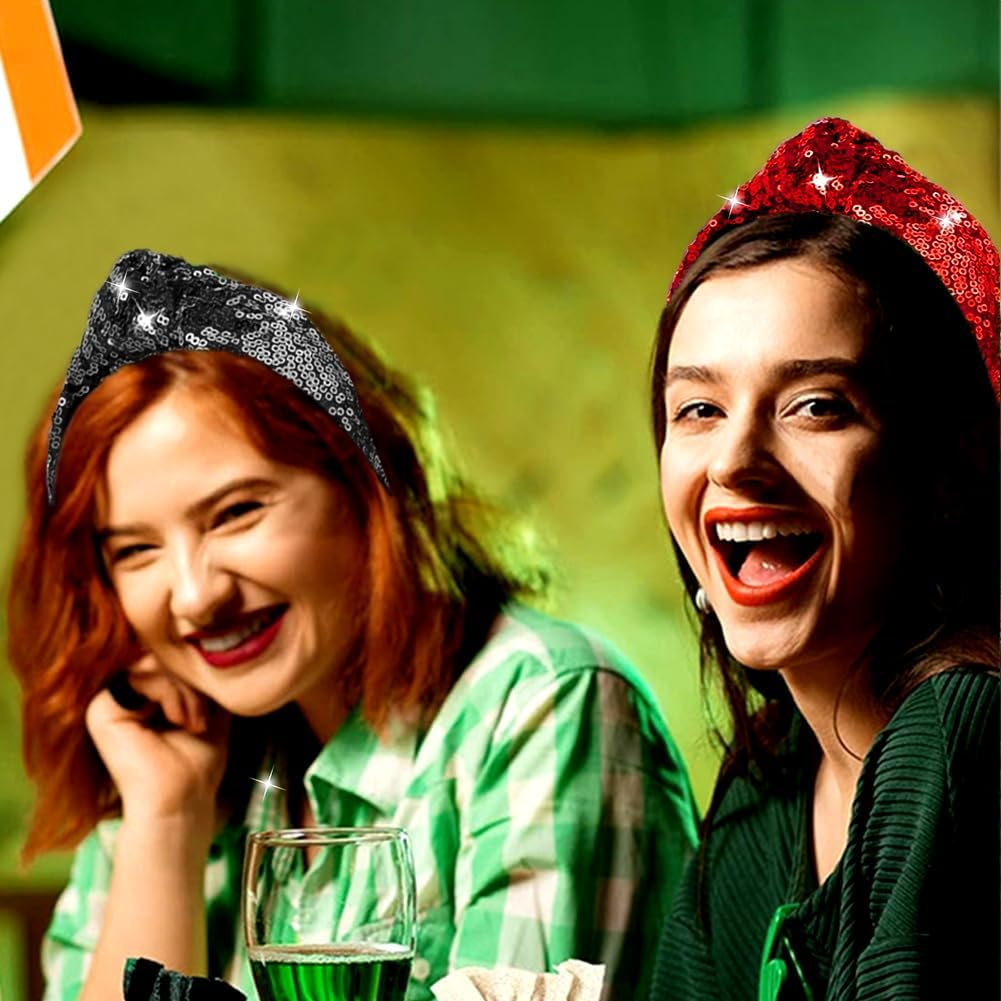 2Pcs Valentine&rsquo;S Day Headbands for Women Sparkle Red & Black Valentines Top Knot Embellished Headband Knotted Hairband Fashion Hair Hoops for Women Girls Valentine Party Gifts Hair Accessories image number 2