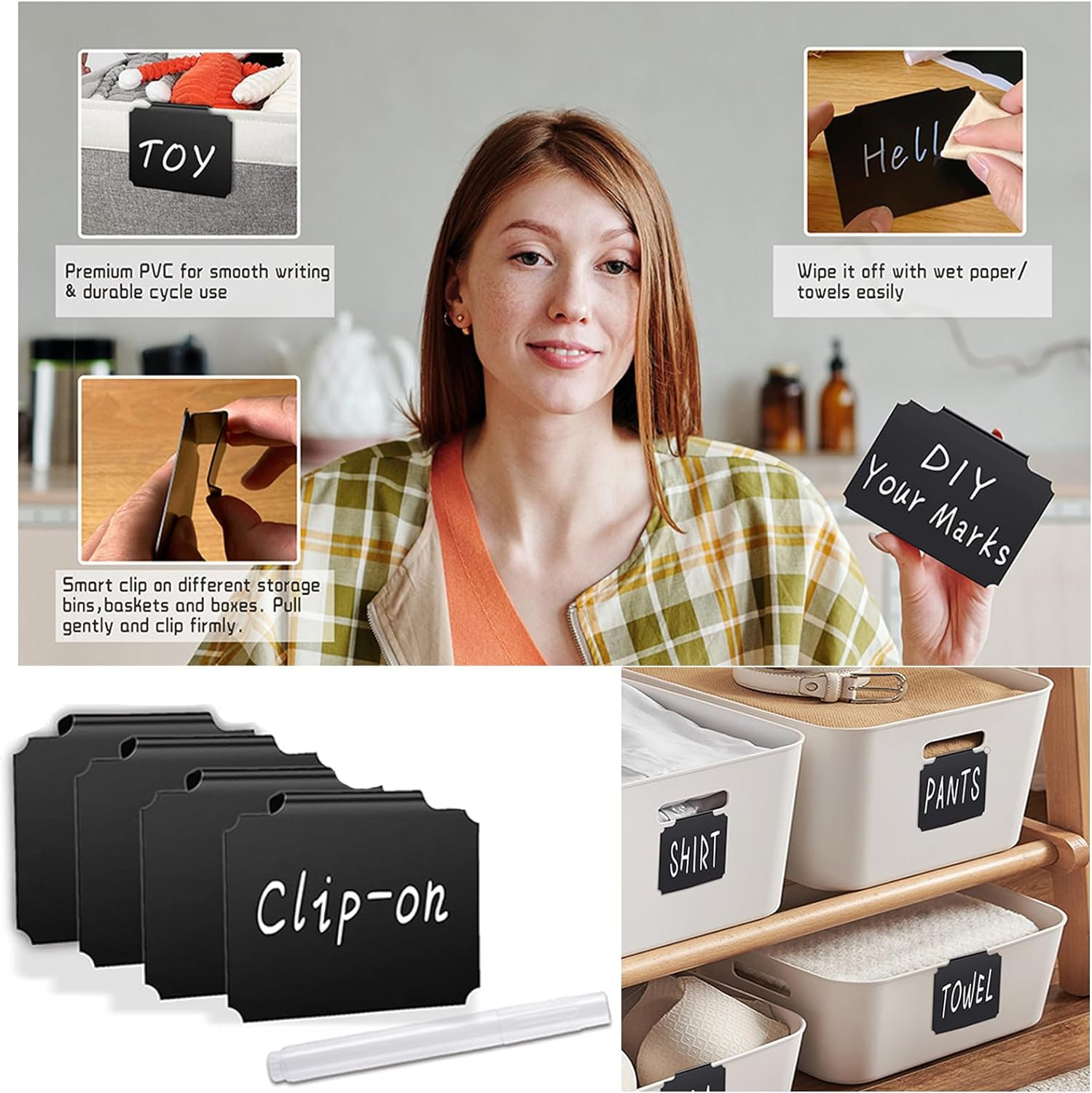 25 Pack Basket Labels, 3 White Pen, 1 Piece of Cleaning Cloth. Small Chalkboard Labels Clip for Store Shelf Storage Box Pantry Labels（Black） image number 2