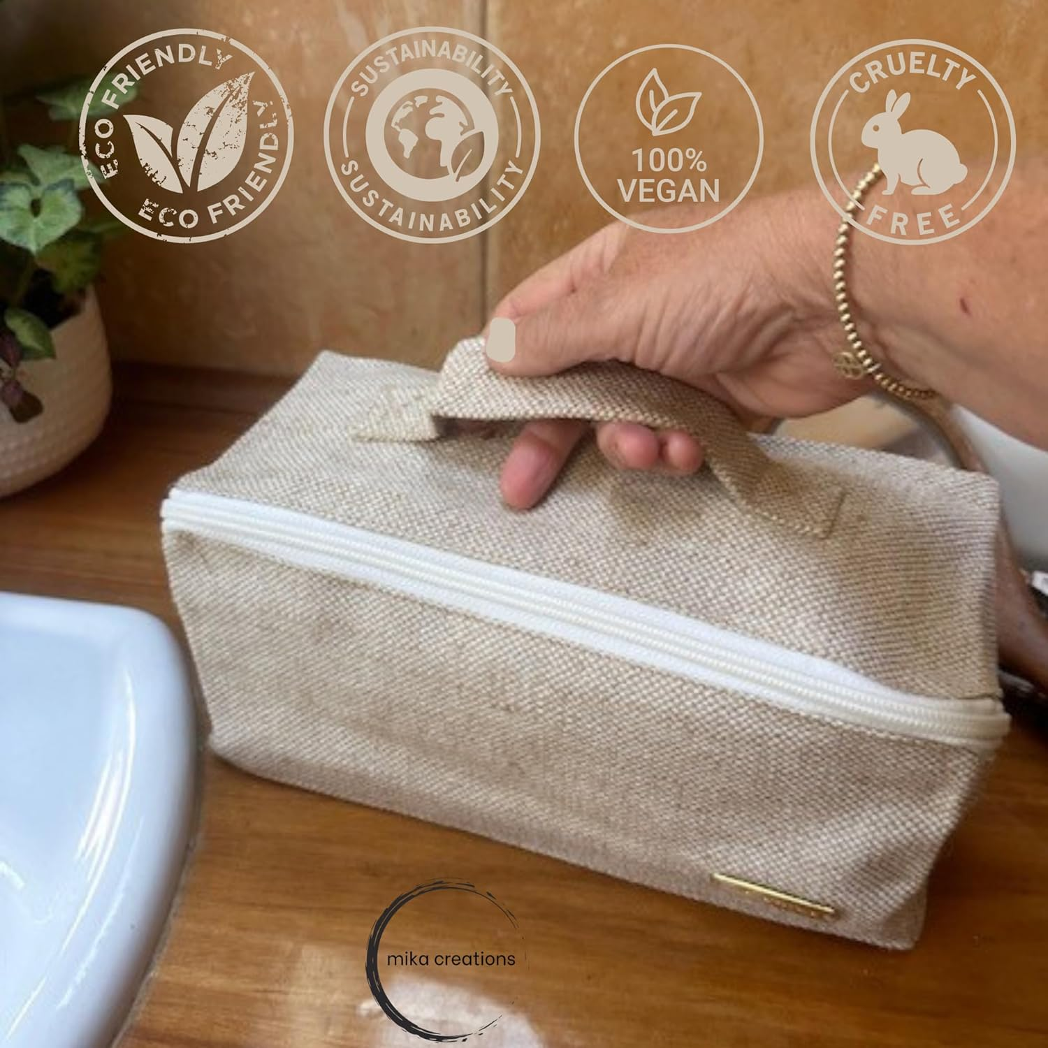 Travel Makeup Bag | Flat Lay Toiletry Organiser | Compact Storage for Cosmetics and Toiletries | Jute and Cotton | Sustainable Alternative to Nylon | Beige | Mika Creations image number 5