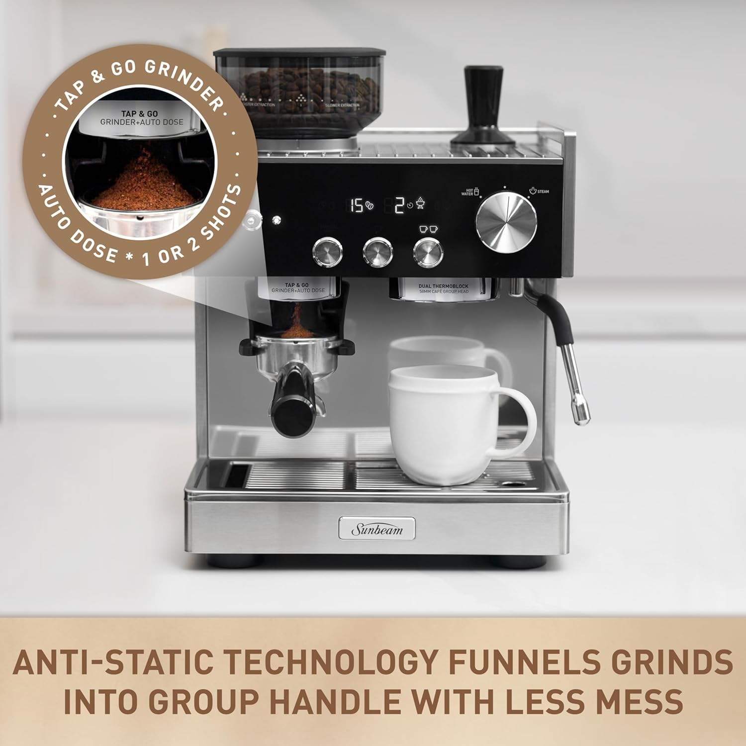 Sunbeam Origins Dual Espresso Machine | Coffee Machine W/Built-In Conical Burr Grinder & Anti-Static Technology, Dual Thermoblock System for Simultaneous Brewing & Steaming, Stainless Steel EMM7300SS image number 4