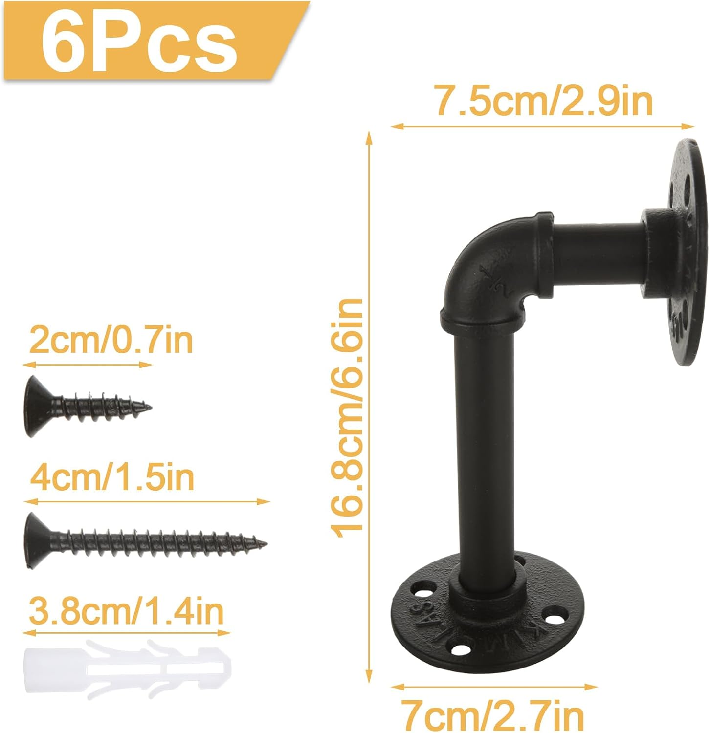 GBACHOOSE 6Pcs Industrial Pipe Shelf Brackets, Black Pipe Brackets Floating Shelf for Book Shelf Floating Shelves, Custom Wood Shelves Wall Mounted, Metal Rustic Pipe Decor with Hardware Included image number 2