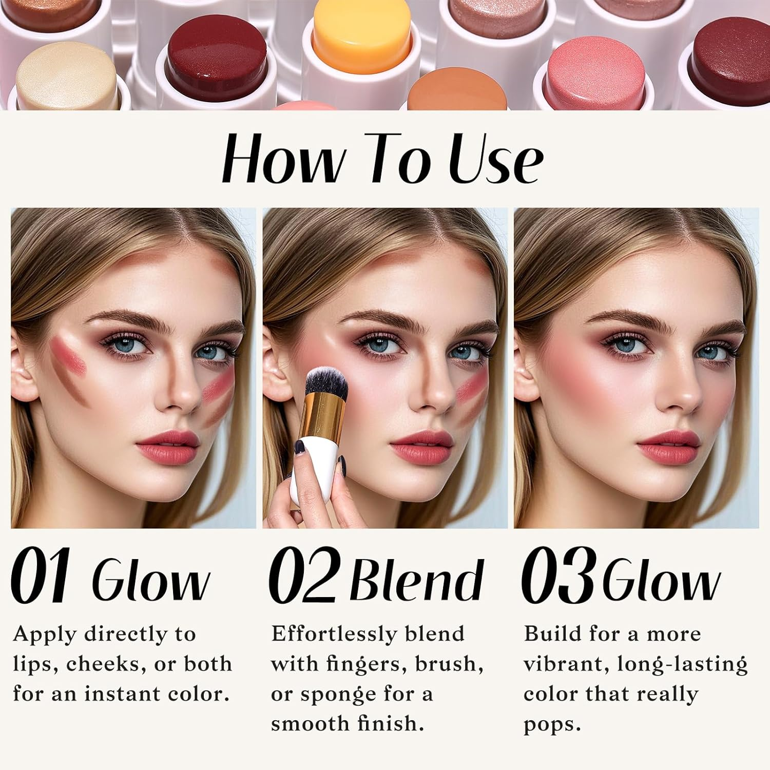 KIMUSE Face Sticks Trio, Cream Blush & Highlighter & Contour Stick for Sculpt the Cheeks, Long Lasting Cream Contour Stick Trio for Face Makeup, with Brush image number 6