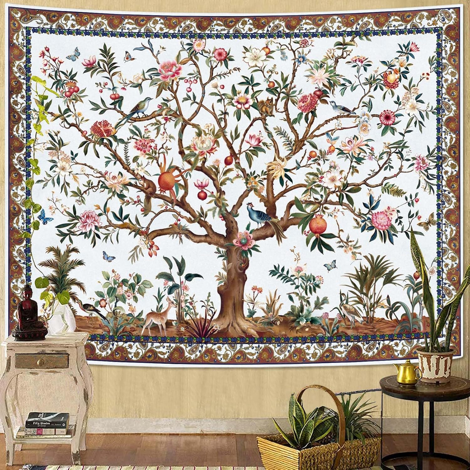 Boho Tree of Life Tapestry, Vintage Flower Leaves Birds Plant Animal Pattern Tapestries, Retro Indian Bohemian Aesthetic Wall Hanging Orange Yellow 36&times;48 Inch