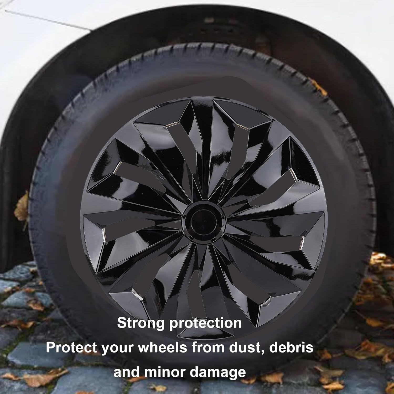 Jiawu 14 Inch Hubcaps, Wheel Cover Snap on R14 Hubcaps Set, Universal Wheel Rim Cover for Cars Trucks SUV, Set of 4, ABS Material, Easy Installation, Hubcaps for Car Accessories (Black) image number 2