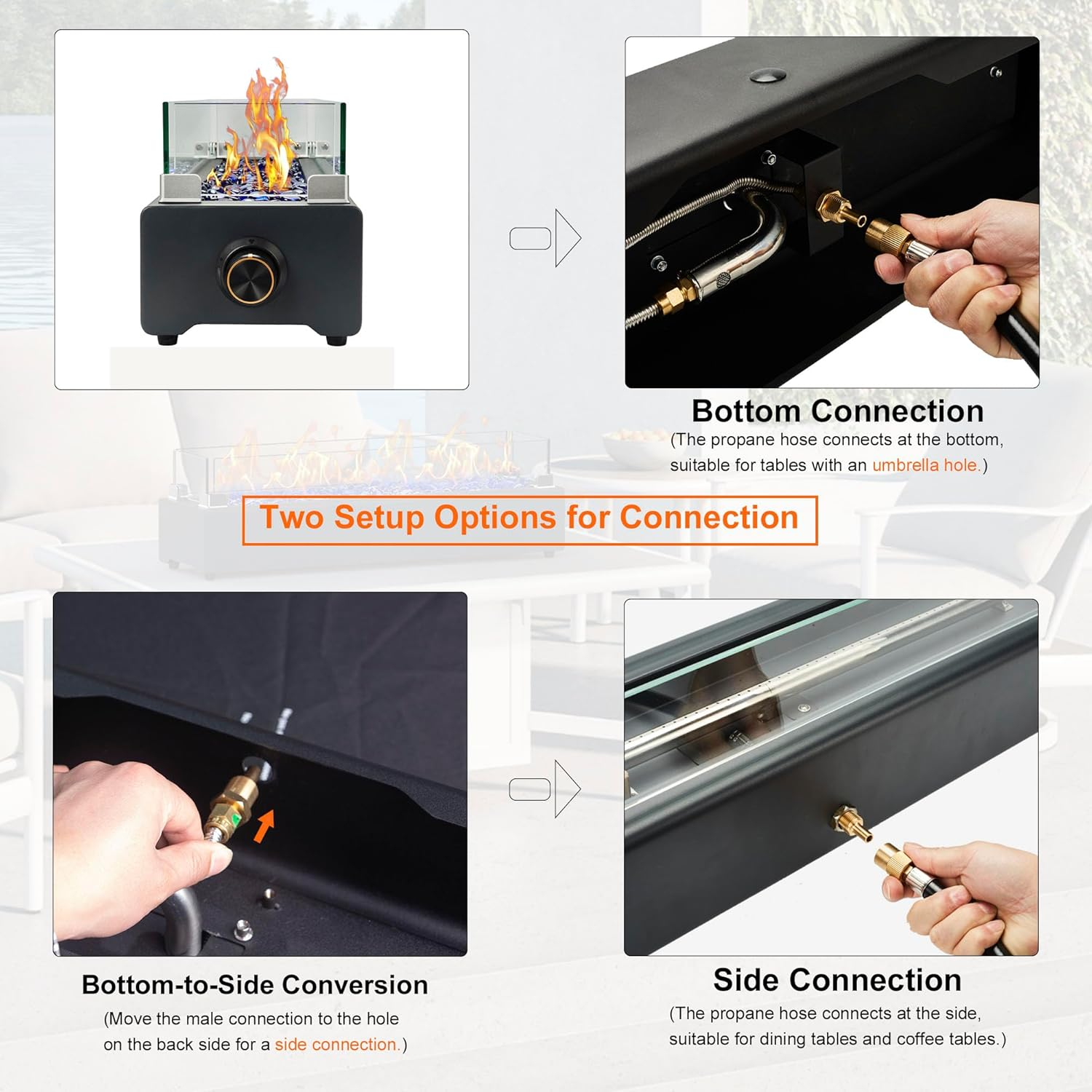 28-Inch Table Top Propane Fire Pit, 40,000 BTU Tabletop Firepit for Patio, Outdoor Portable Rectangular Fire Bowl W/Wind Glass Shield, Glass Rocks - Black image number 4