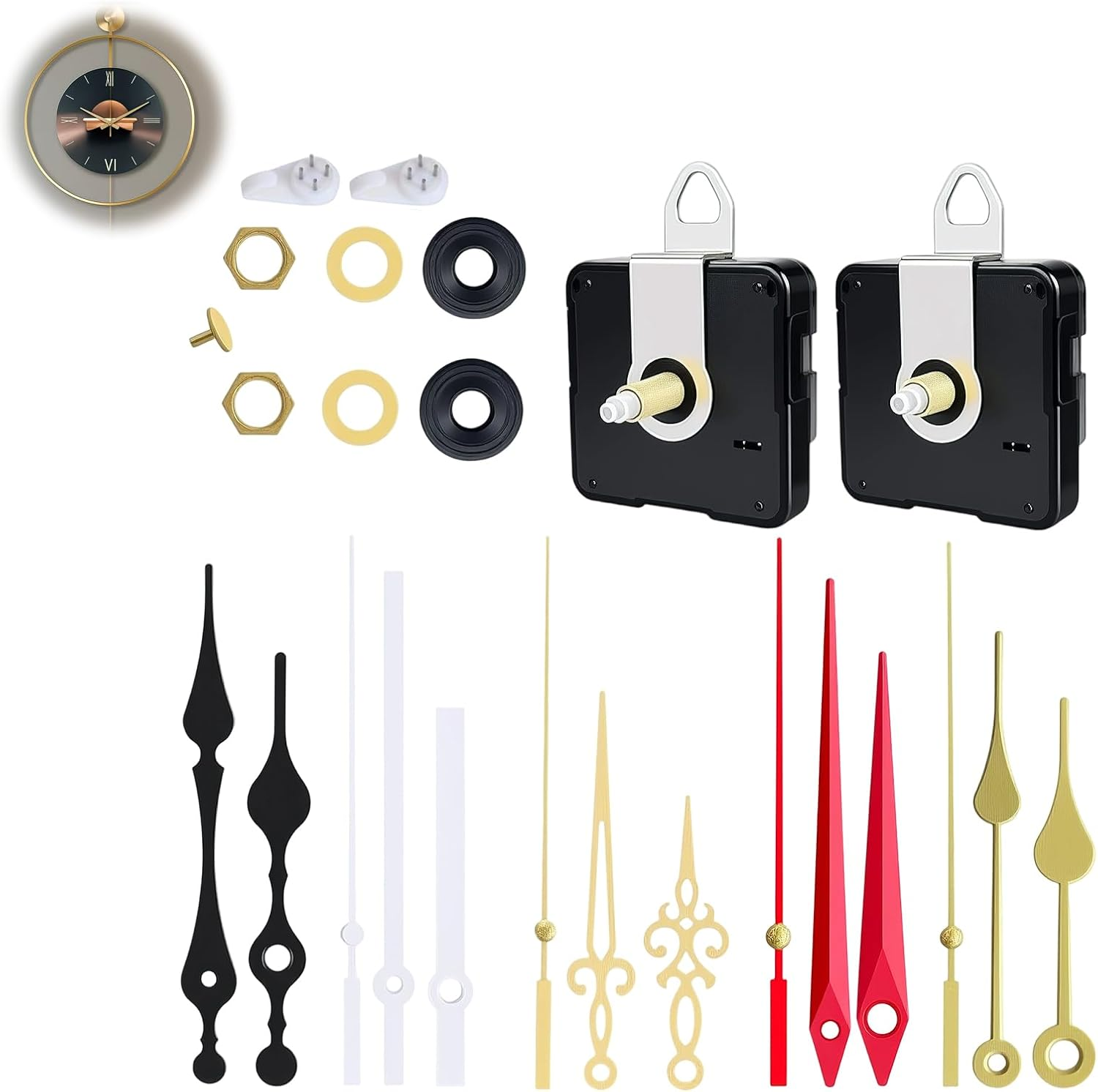 Clock Mechanism Replacement Kit, Clock Motor Movement Wall Replacement DIY Quartz, Clock Accessories, Non-Ticking DIY Set - 2 Mechanisms & 5 Metal Hands image number 4