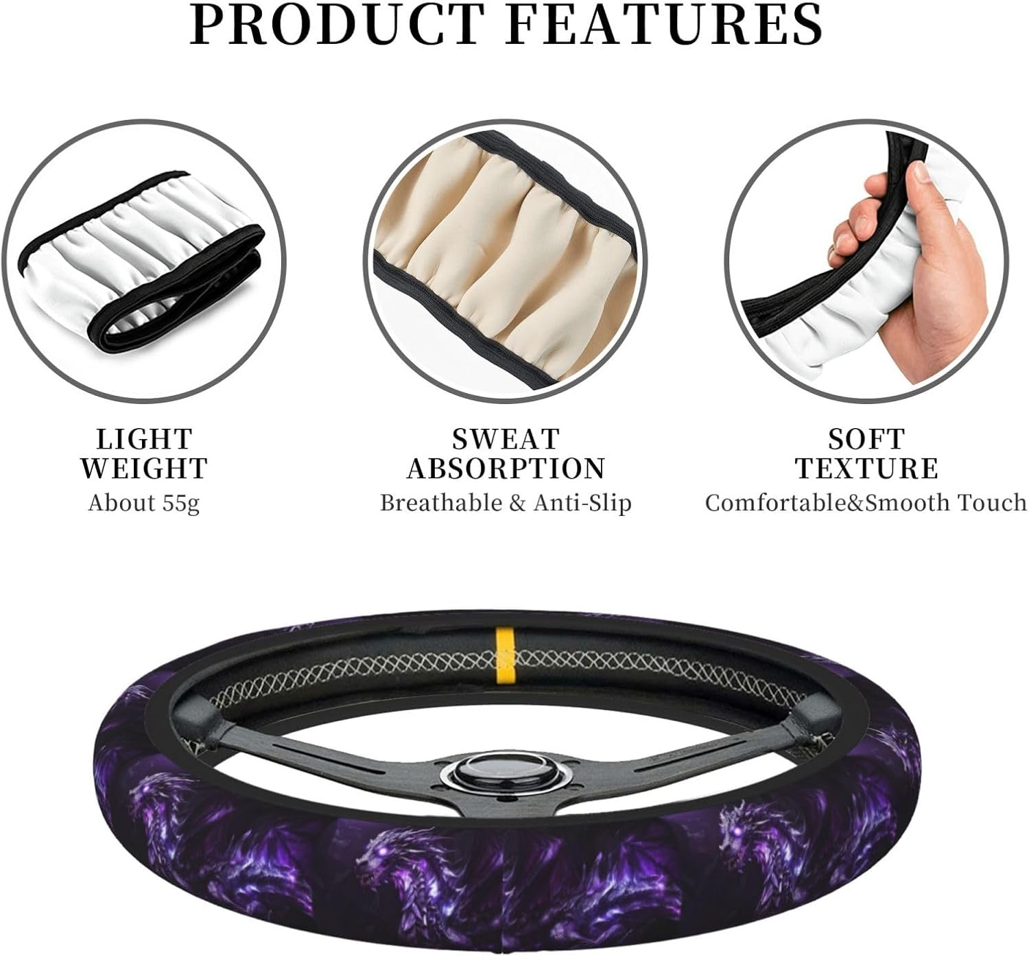 Dragon with Purple Color Steering Wheel Covers,Anti Slip Sweat Absorption Elasticity Car Accessories Steering Wheel Protector Universal 15 Inch for SUV Sedan Vans Trucks - 26 image number 5