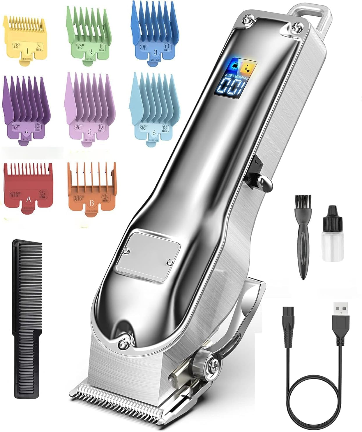 Hair Trimmer for Men, Professional Hair Clippers with 8 Guide Combs, Cordless, Rechargeable, Silver image number 6