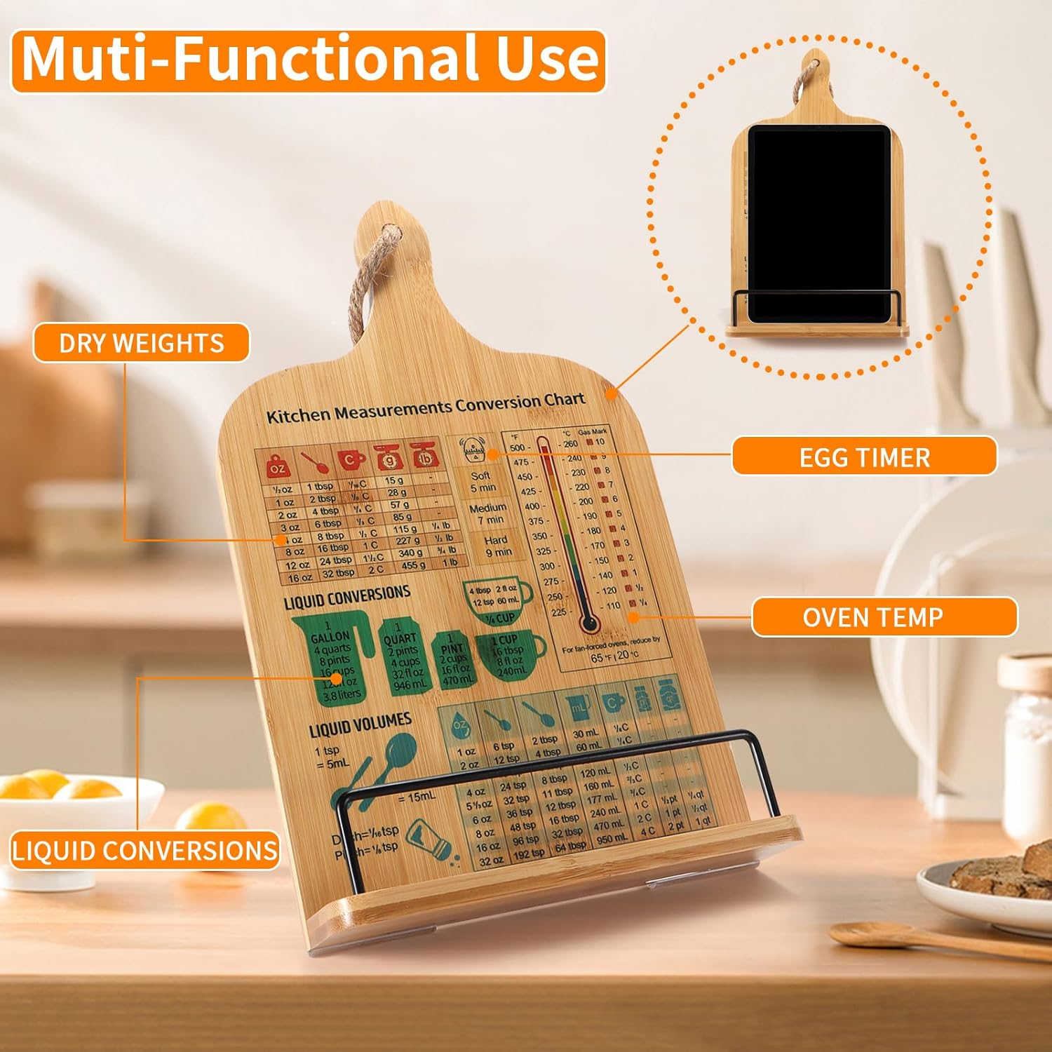 Bamboo Cookbook Stand,Recipe Book Stand with Measurement Conversion Chart,Unique Gifts for Women Mom Grandma Wife Sister Friends Mothers Day Anniversary,Essential Accessories for Holding Cookbooks image number 5