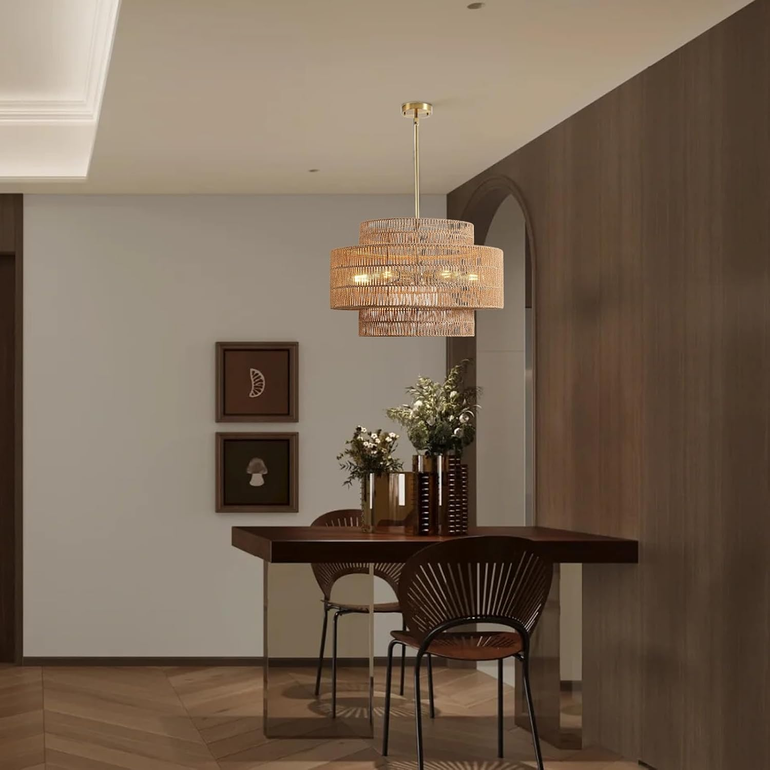 USOR 6-Light Boho Rattan Chandelier Vintage Light Fixture Woven Dome Farmhouse Pendant Light Wicker Straw Look Lamp Rattan Pendant Shade for Kitchen Island Foyer Bedroom Living Room Dining Room D60M image number 2