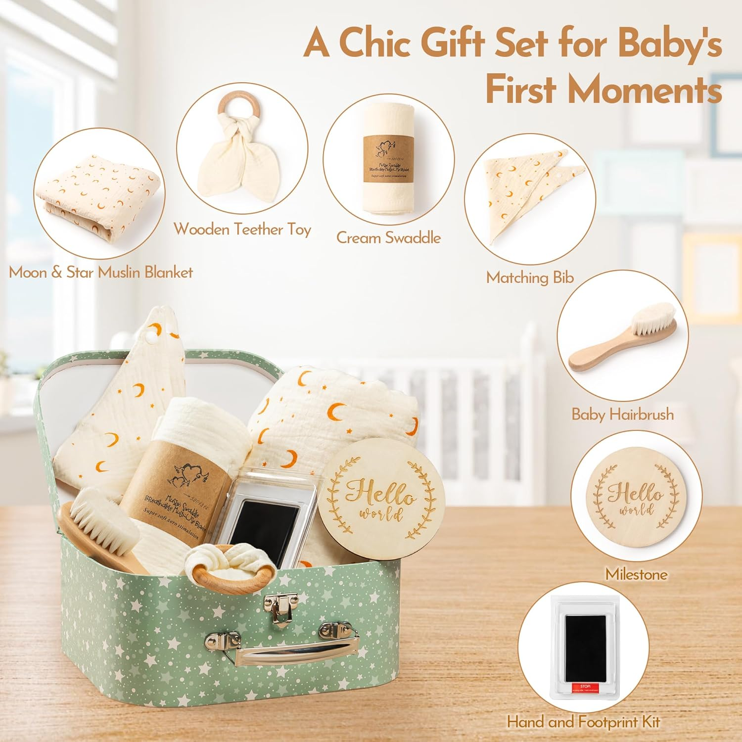 Premium Baby Shower Gifts Basket - 100% Cotton Baby Essentials with Muslin Swaddle Blanket, Keepsake Kit, Bib & Teether Toy | Baby Boy Gifts & Girl Gifts image number 2
