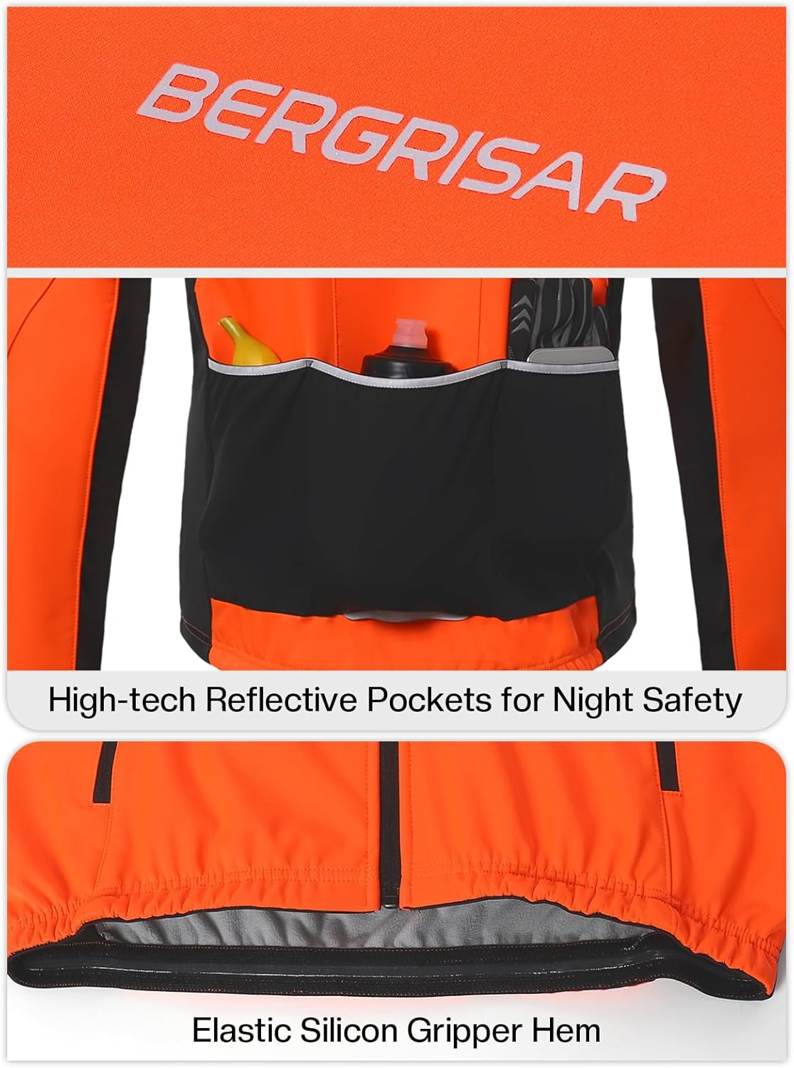 BERGRISAR Winter Cycling Jacket for Men Softshell Windproof Thermal Fleece Bike Clothing Running Jacket Windbreaker image number 2
