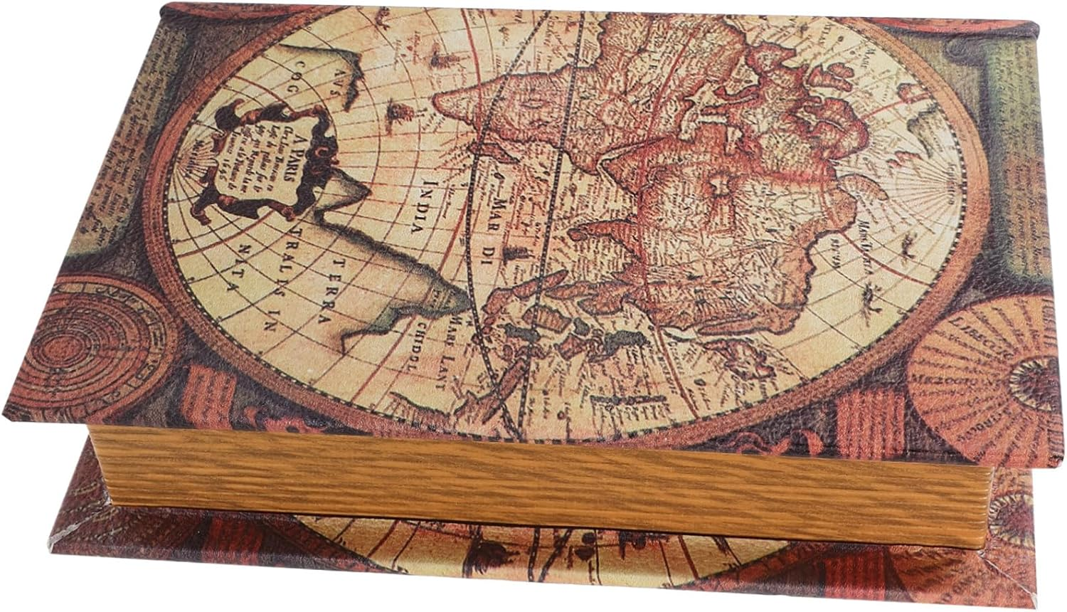 Mobestech Retro Faux Book Box Small Rectangular Trinket Storage Organizer Vintage Map Style False Book Keepsake Container for Home Office Shelf image number 3
