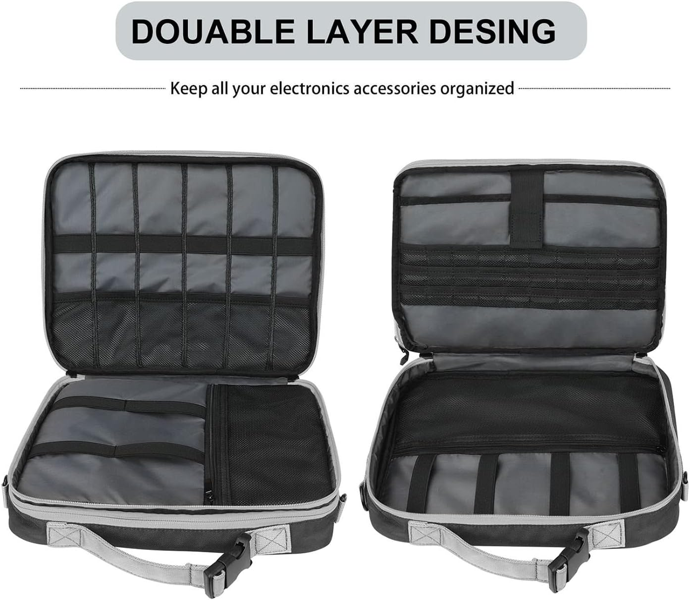 Double Layer Travel Cable Organizer Bag, Storage for Switch,Electronic Bag for 11.6&rsquo;&rsquo;Laptop,Table -Gray with Black