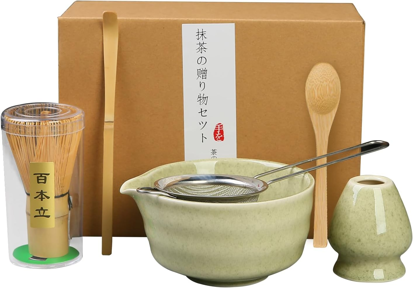 Matcha Set, 6Pcs Matcha Kit Set Includes Bowl with Spout and Bamboo Whisk, Bamboo Scoop, Spoon and Stainless Sifter, Gradient Green Japanese Tea Making Tools image number 6