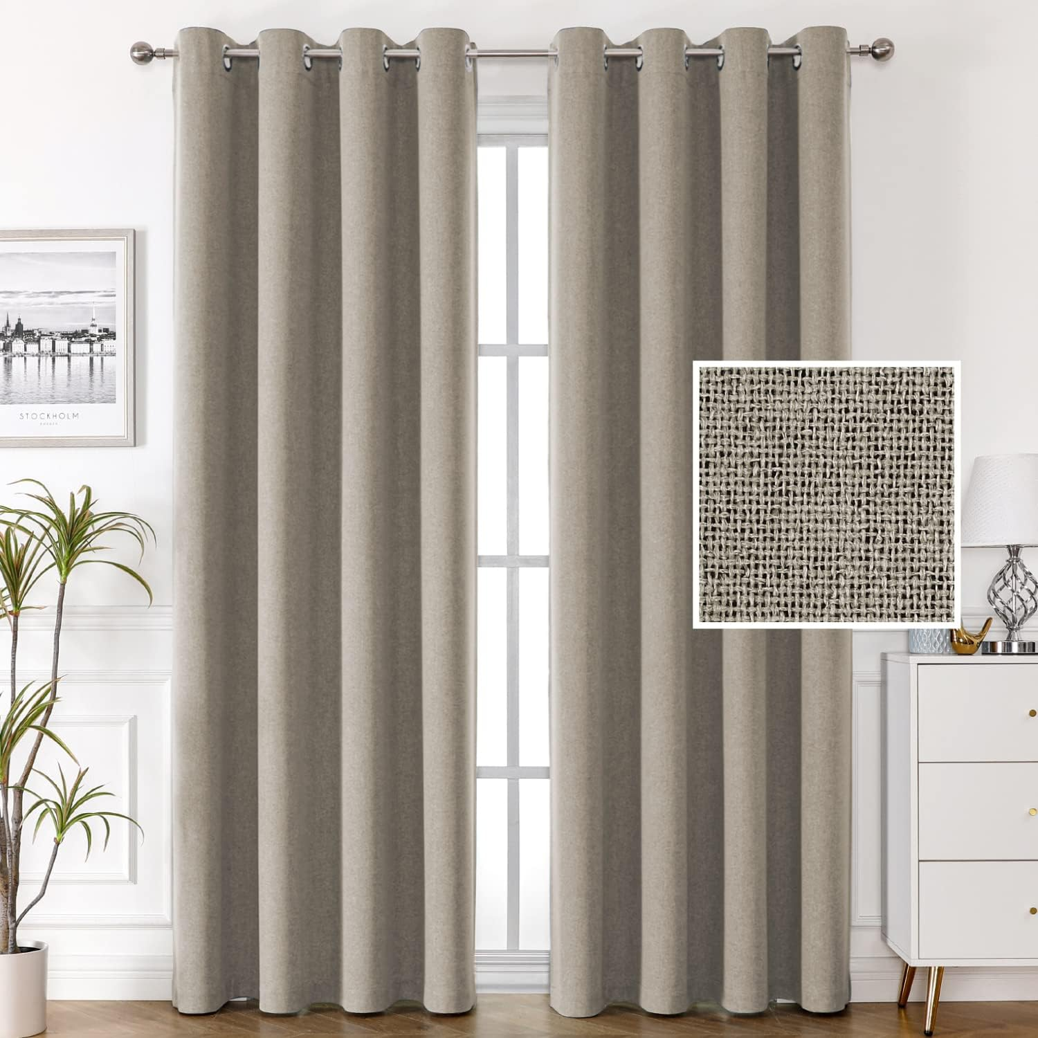 H.VERSAILTEX 100% Blackout Linen Curtains Thermal Curtains for Living Room Textured Burlap Curtain with Double Face Linen Grommet Soundproof Curtains Each W132Cm X D243Cm, 2 Panels -Heather Taupe image number 6