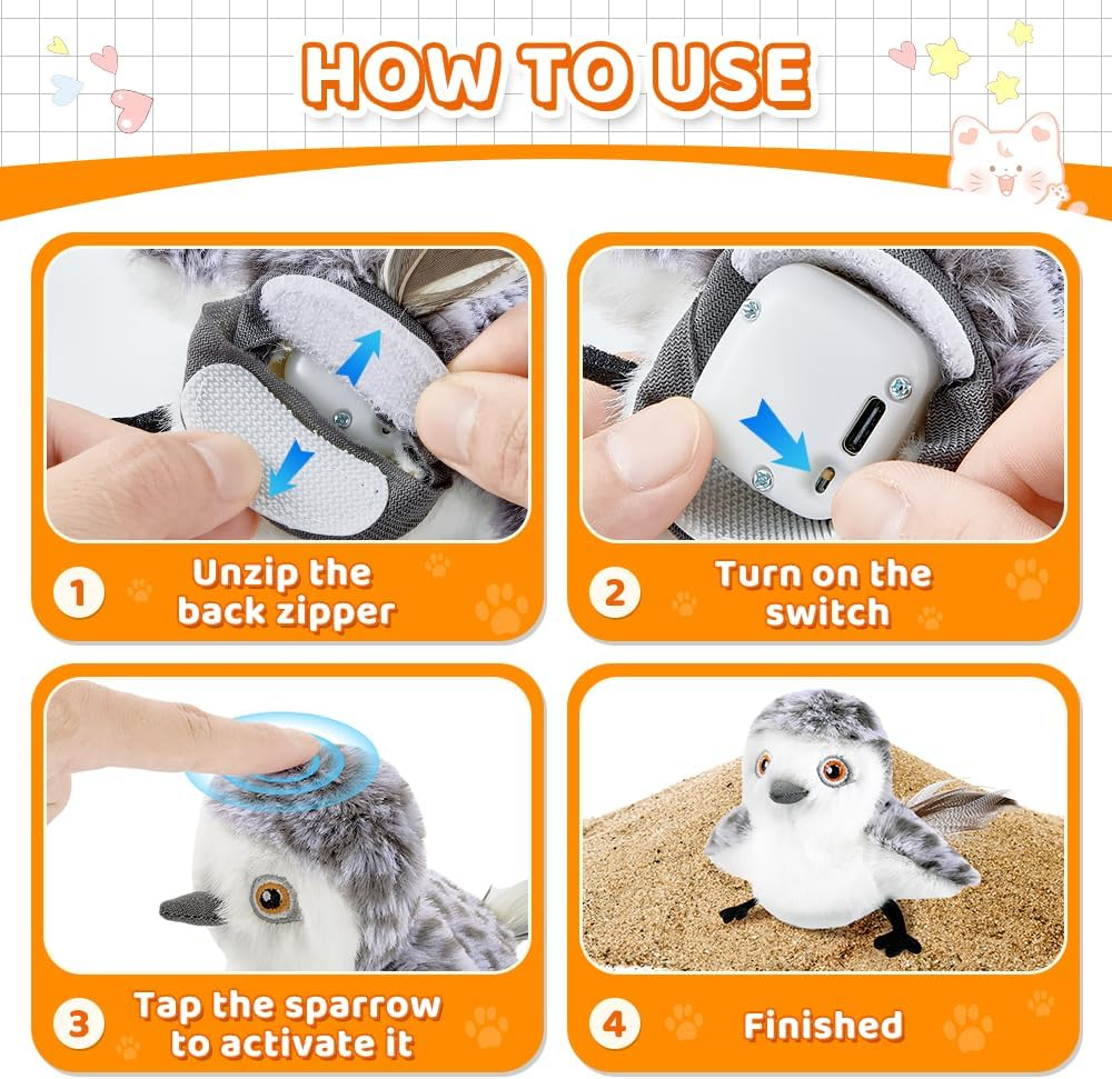 Slowton Cat Toys Rechargeable Interactive - Touch Activated Flapping Bird Catnip Toys with Lifelike Chirping - Plush Bird Toy Indoor Kitten Kitty Exercise image number 2