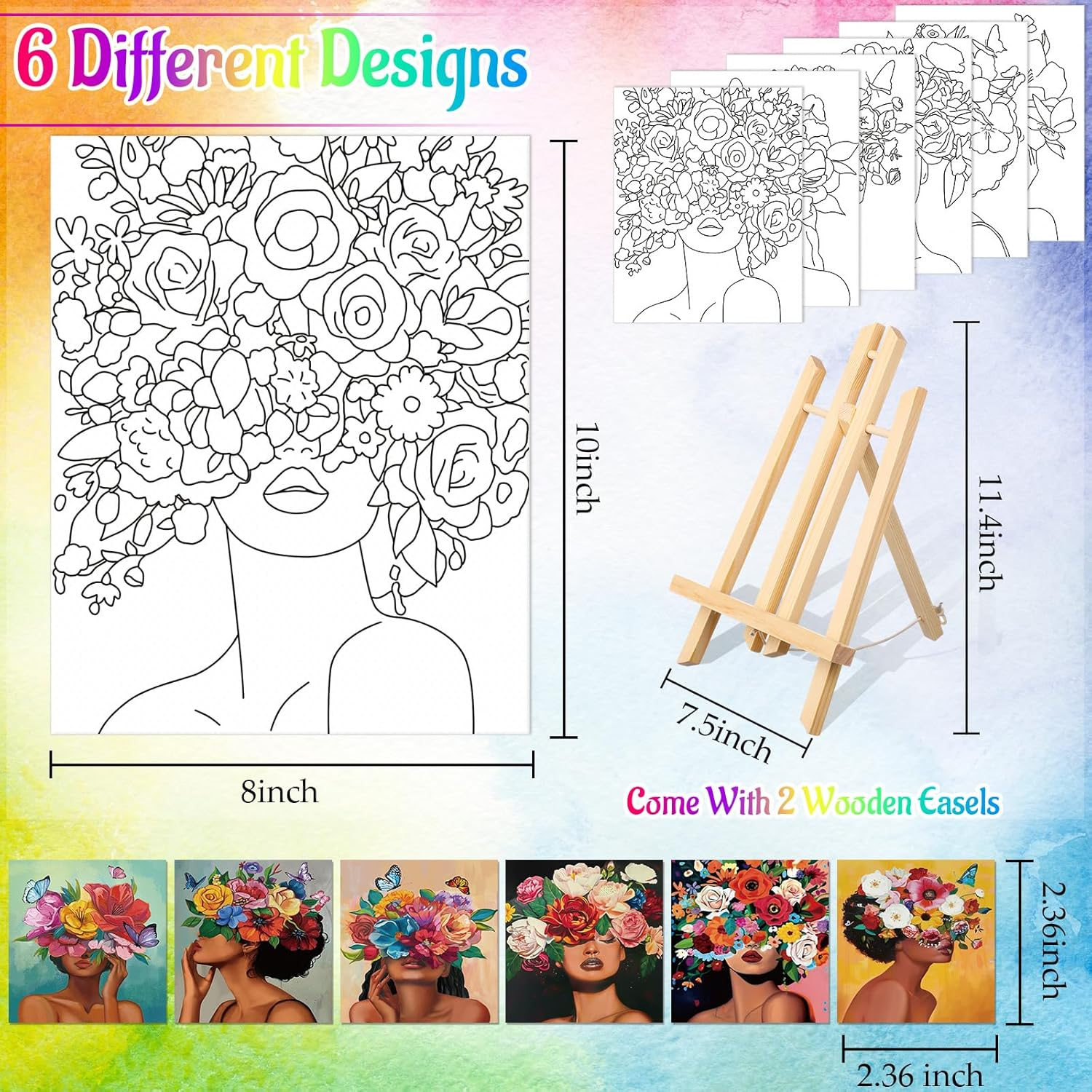 Amazingspark 6 Set Paint and Sip Kit for Adults 8"X 10" Pre Drawn Canvas for Painting Dly Acrylic Paint Set Canvas Panels Wood Easel, 24 Colors 60Ml 2Oz for Date Night Party Favors (Art Lady) image number 5