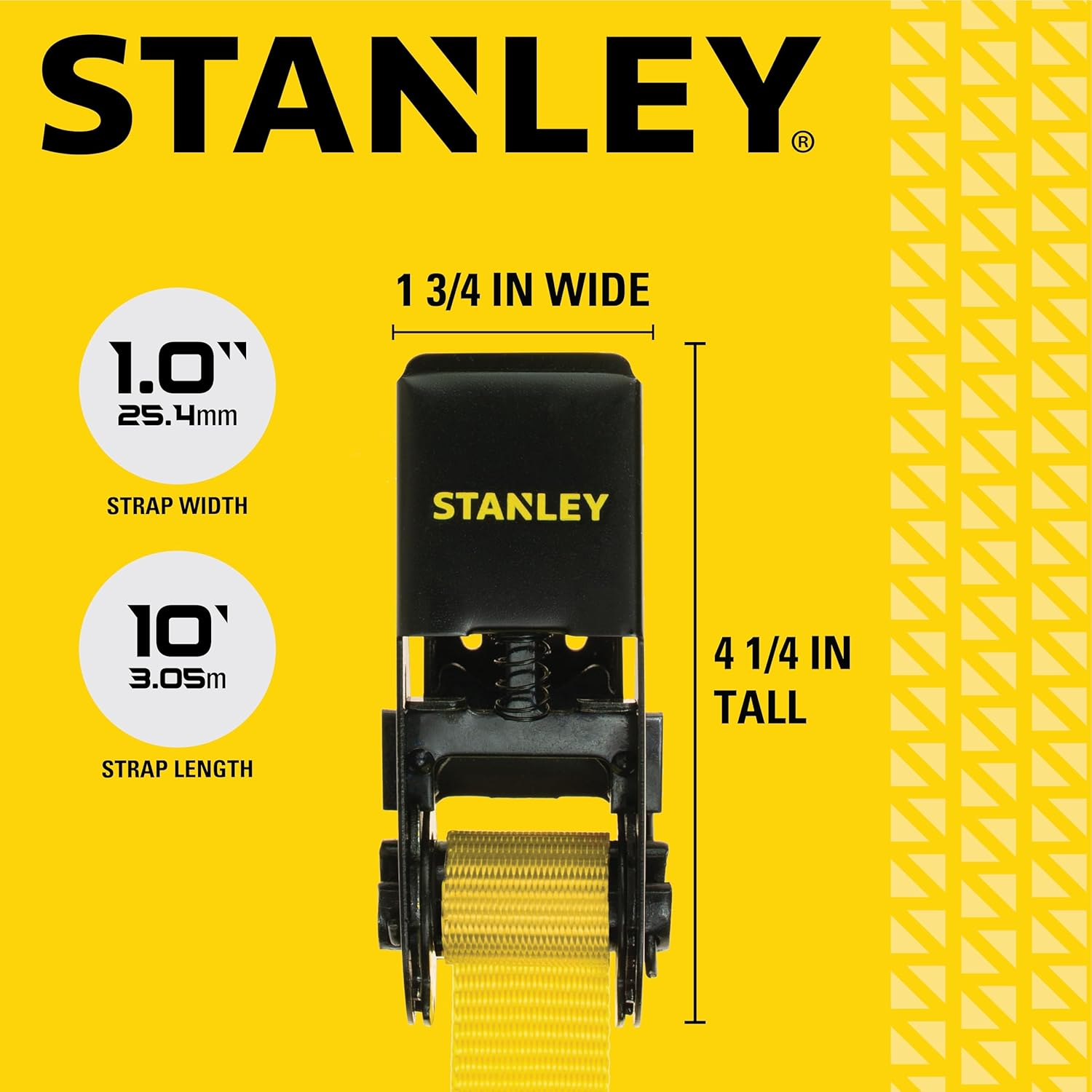 STANLEY S9500 Black/Yellow 1" X 10' Ratchet Straps - Light Cargo (300 Lb Working Load / 900 Lb Break Strength), 4 Pack image number 2