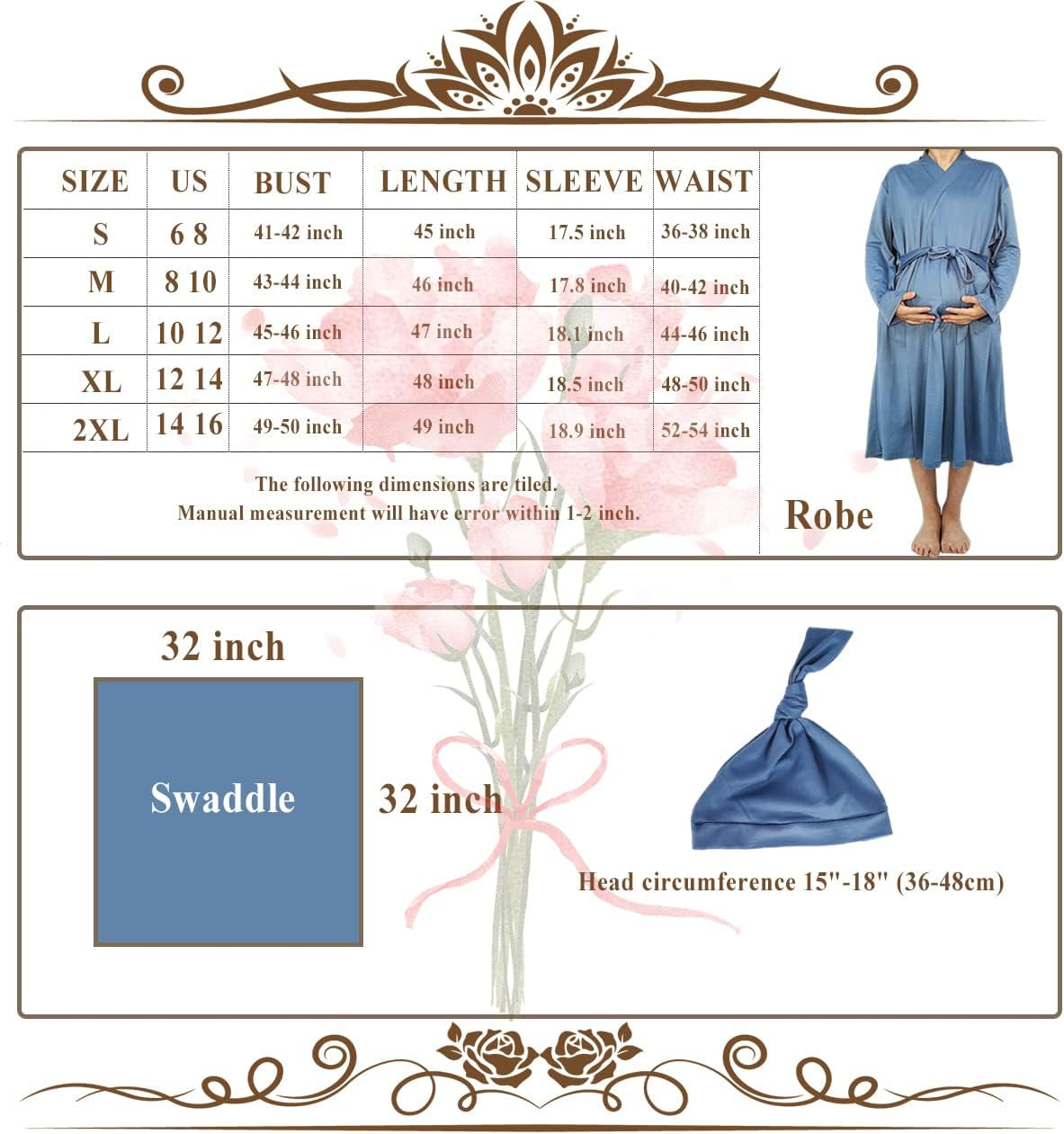 SUFEINI Maternity Robe and Matching Baby Swaddle Blanket Set, Mommy Robe with Receiving Blanket Girls Boys Sleepwear, A31-Green, Small image number 6