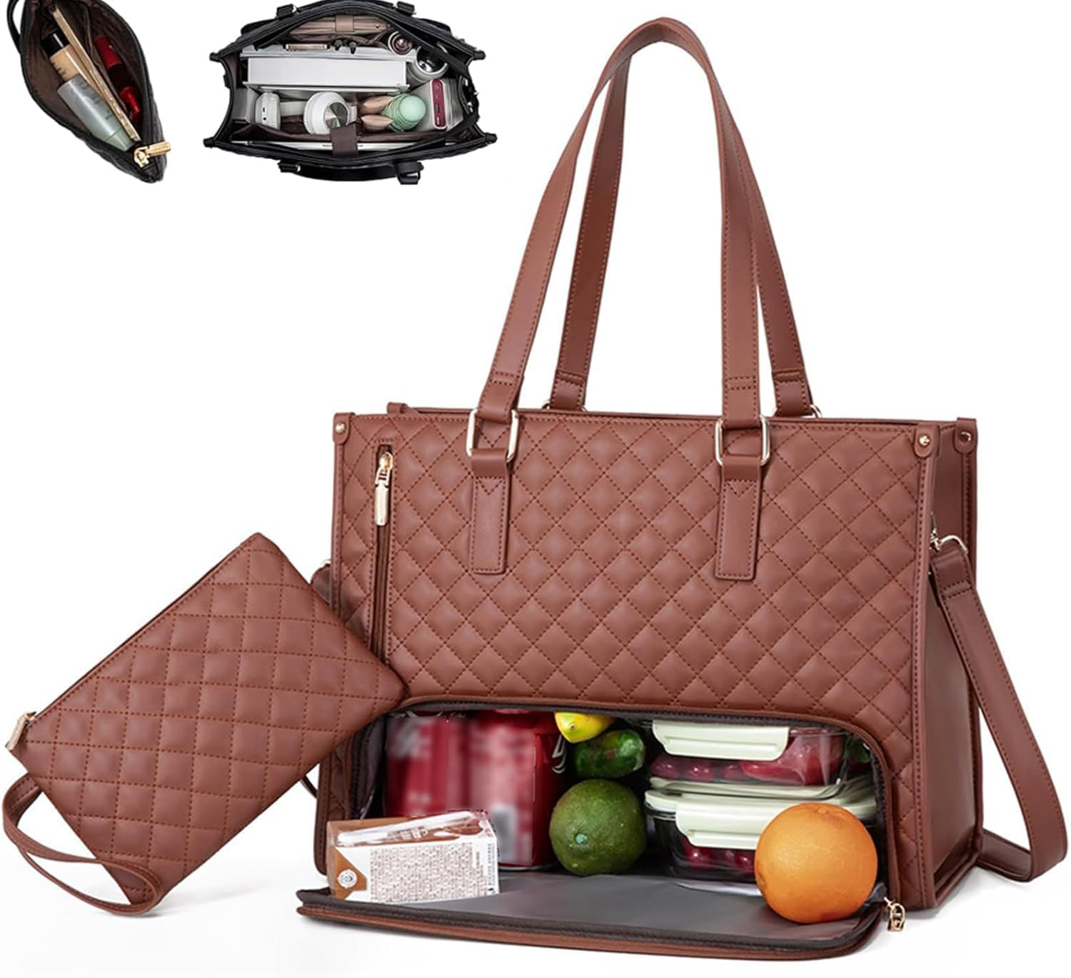 Insulated Lunch Tote Bag for Women with Wallet &ndash; Stylish Work Tote Bag with Leakproof Compartment &ndash; Quilted Lunch Bag for Office, Travel, or Picnic &ndash; Large Capacity Lunch Box Bag