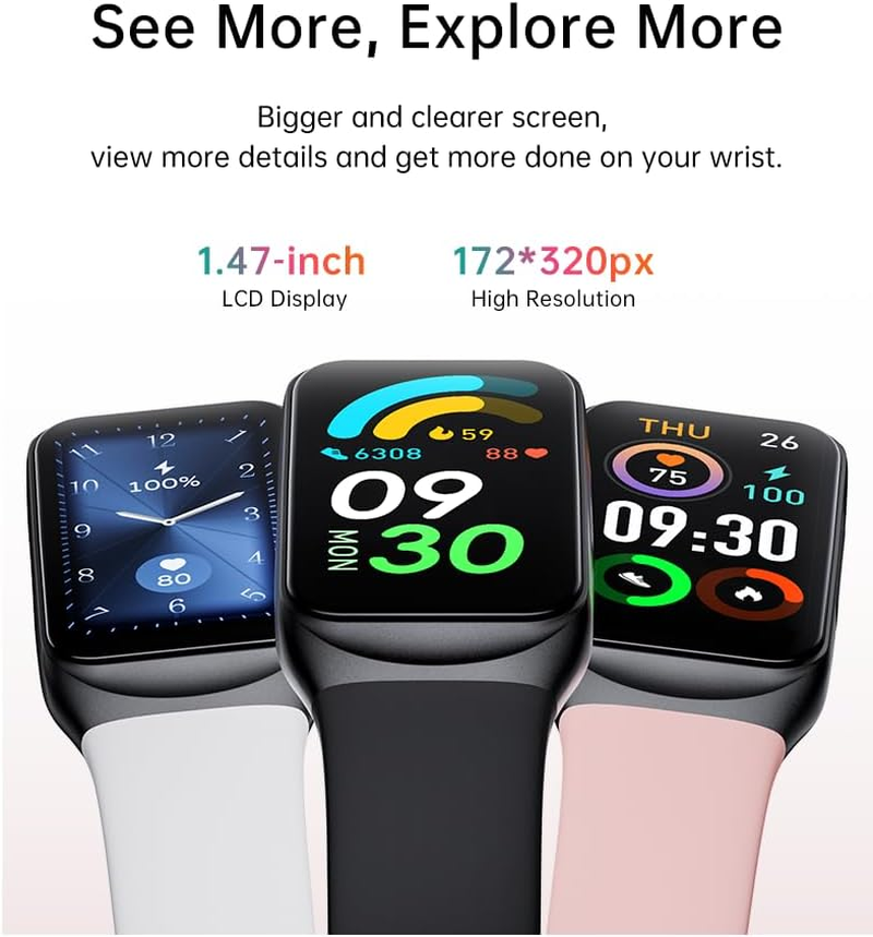 Fitness Tracker Watch, Activity Tracker with 1.47" TFT Screen, Heart Rate, Sleep Monitor, 100+ Sports Modes IP68 Waterproof, Step Count, Pedometer Compatible with Android Ios (Midnight Black) image number 2