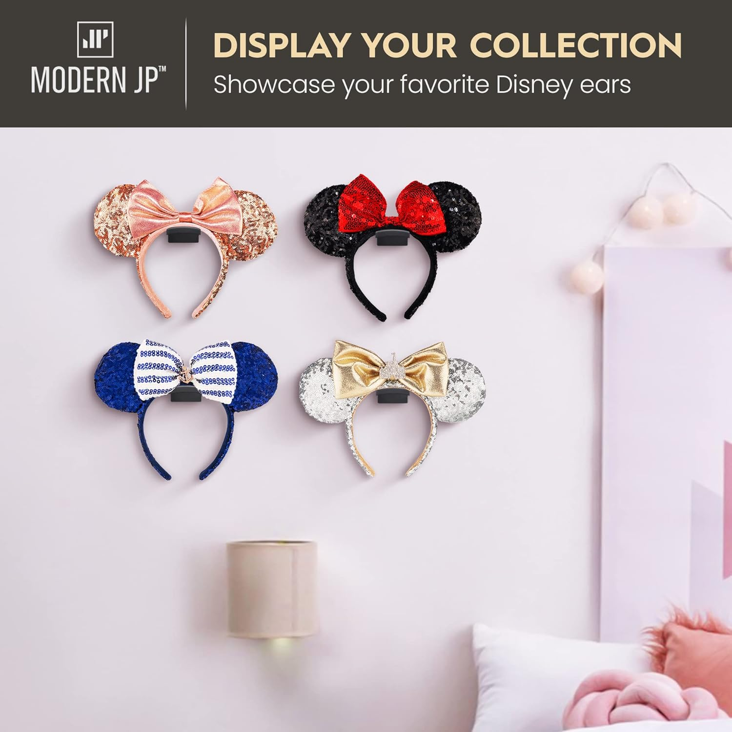Modern JP Adhesive Hooks for Disney Ears (8-Pack) - Minimalist Disney Ear Holder, No Drilling Headband Holder Design, Strong Hold Headband Organizer - USA Patented, Black