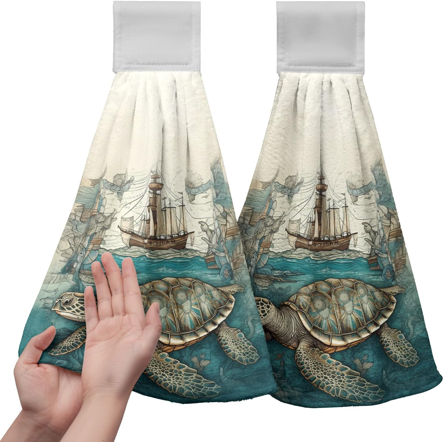 Cneztholim Sea Turtle Hanging Kitchen Towels Set of 2 Summer Ocean Turtle Hand Towel with Loop Coastal Tortoise Sailboats Hanging Dish Towels Absorbent Tie Towel for Bath Kitchen Home - Blue Coral image number 5