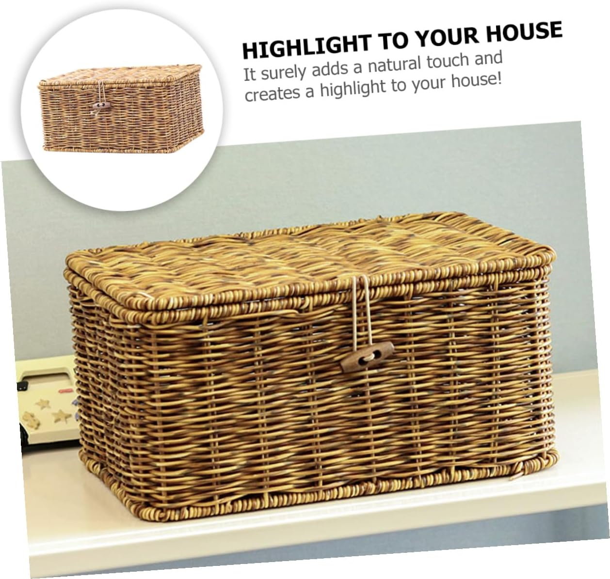 Generic Handwoven Decorative Storage Box with Lid Reinforced Iron Frame Natural Rattan Style Organizer for Desktop Cosmetics Magazines and Sundries Stylish Nordic Design for Home Tidiness image number 5