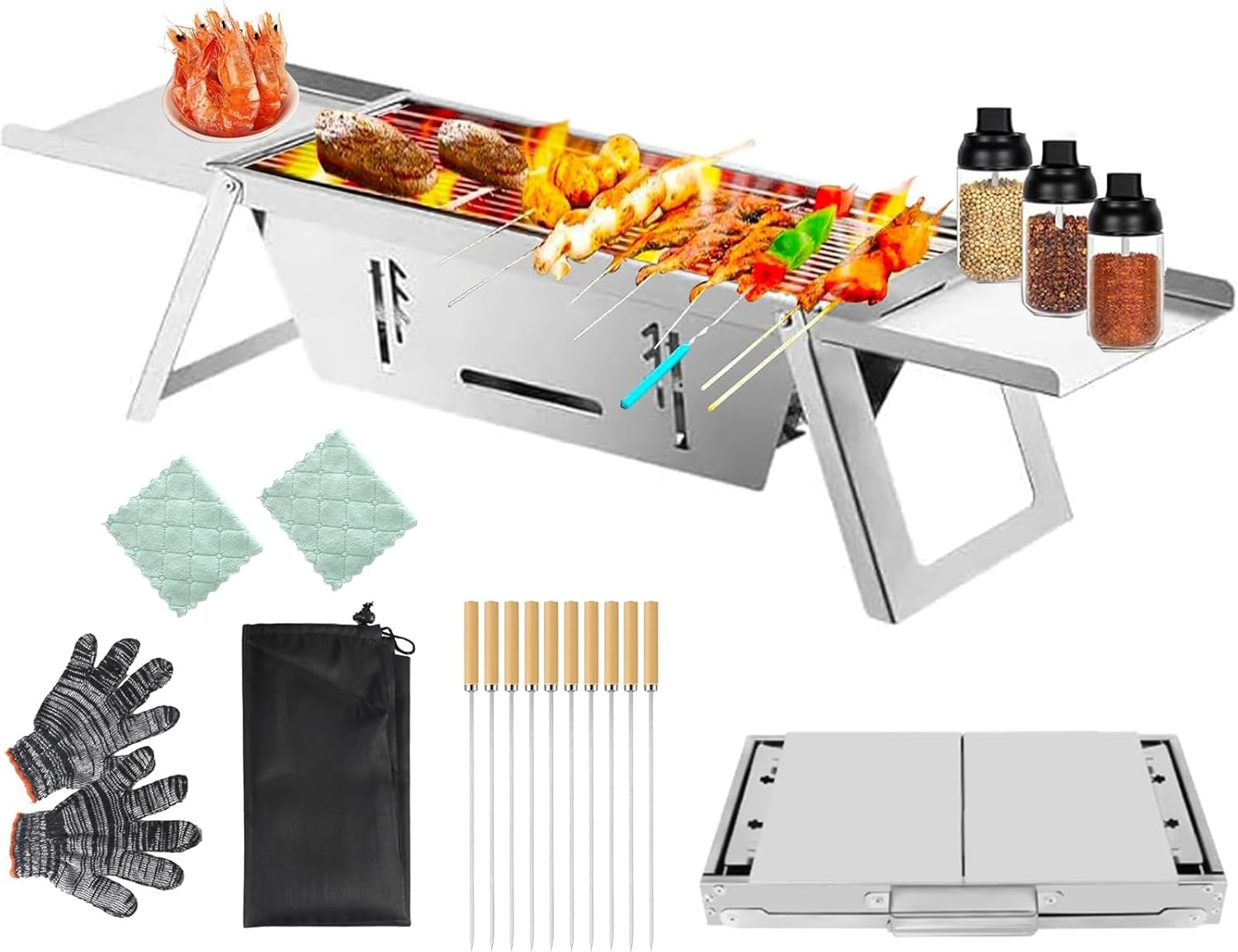 Portable Charcoal Grill with Carry Bag, Stainless Steel Foldable Small Grill for 1-5 People, Tabletop Outdoor BBQ Cooker for Travel，Cooking,Includes Gloves & Carry Bag and Kabob Skewer image number 5