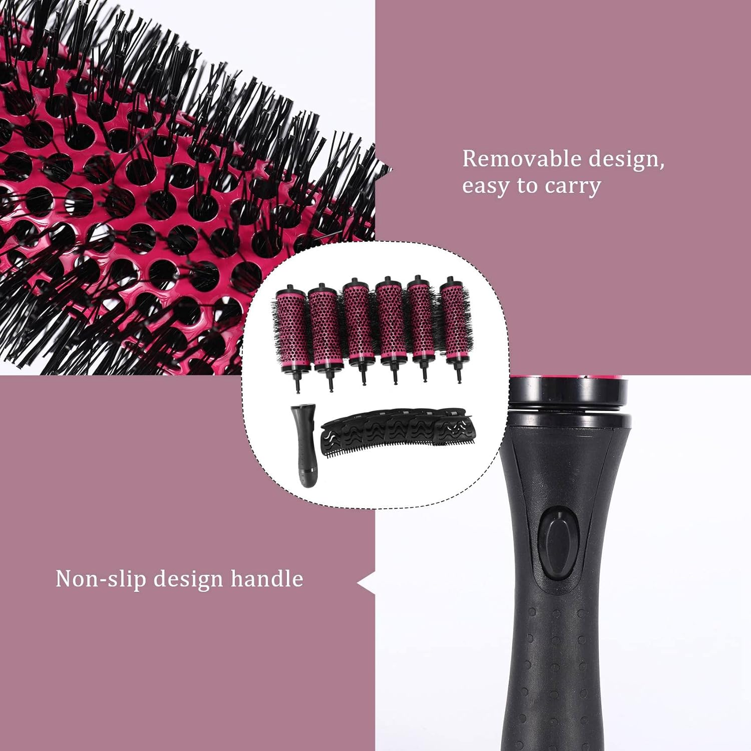 6Pcs/Set 3 Sizes Detachable Handle Hair Roller Brush with Positioning Clips Aluminum Ceramic Curler Comb Hairdresser image number 3