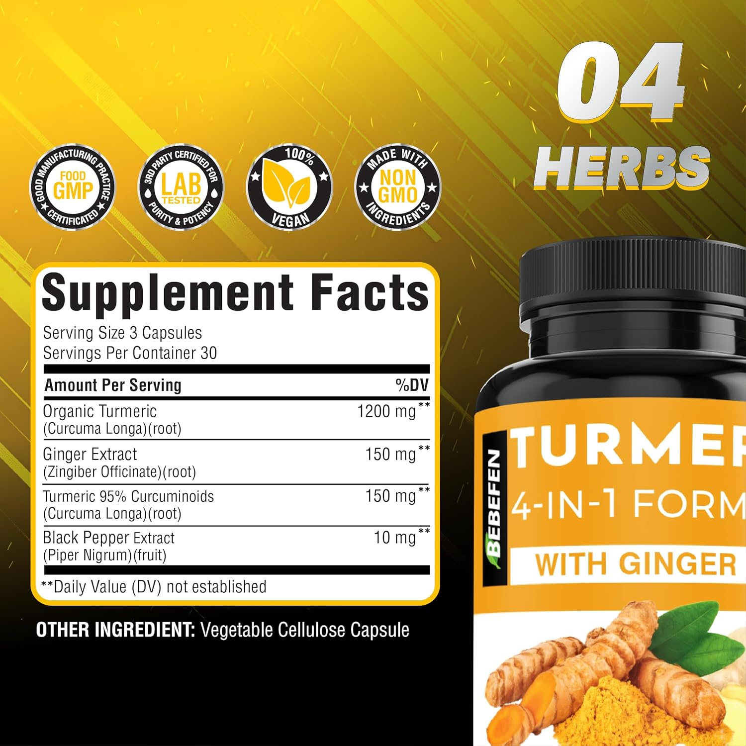 Turmeric Curcumin Supplement with Ginger | 95% Curcuminoids | and Black Pepper - 4In1 Turmeric Capsules - 90 Capsules image number 6