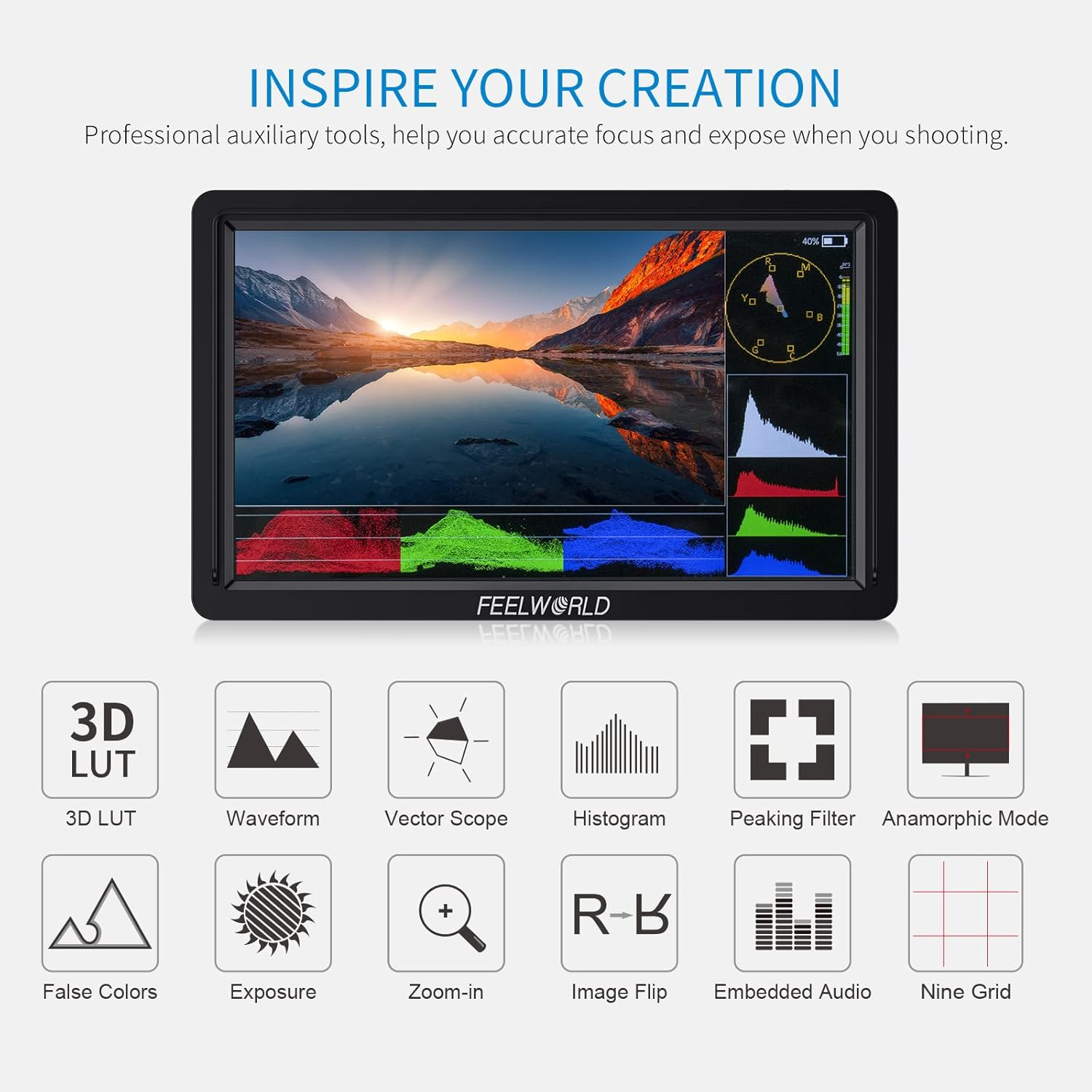 FEELWORLD FW568S 6 Inch DSLR Camera Field Monitor with Waveform 3D LUT SDI 4K HDMI Input Output Video Peaking Focus Assist Small 8.4V DC Include Tilt Arm image number 3