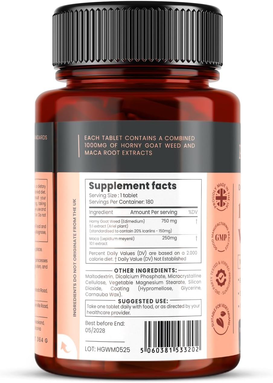 10X Horny Goat Weed Extract (3750Mg) Maca Extract (2500Mg) X 180 Tablets - 10 X More Icariins and Maca - and 5Mg Black Pepper Extract for 300% Increased Absorption: SKU: HGWM image number 1