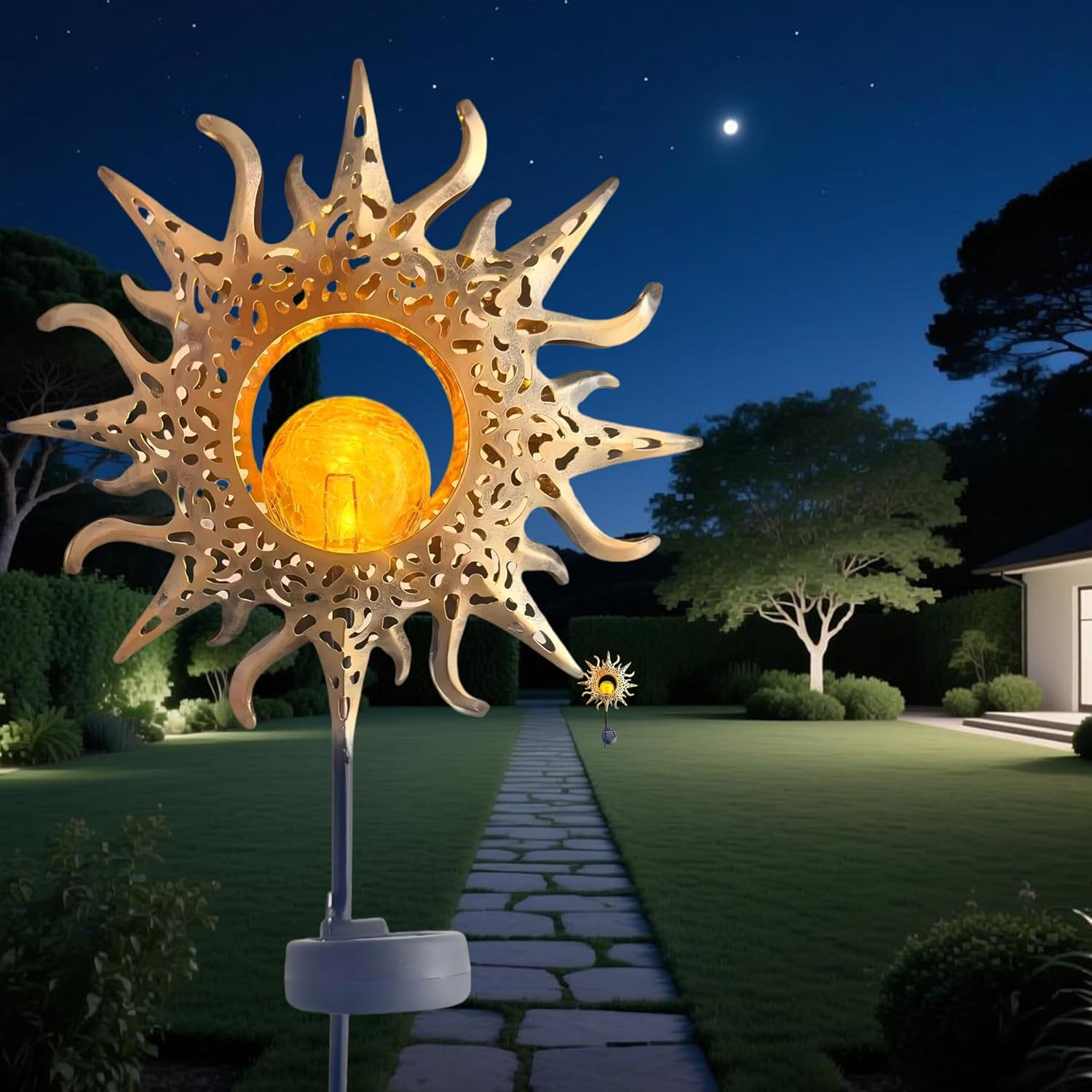 Home Decor Solar Outdoor Garden Lights Decorations, Sun & Fire Warm Globe Lights for Outdoor Decoration Exterior Pour Terrasse & Patio Decor Garden Accessories (Sun) image number 6