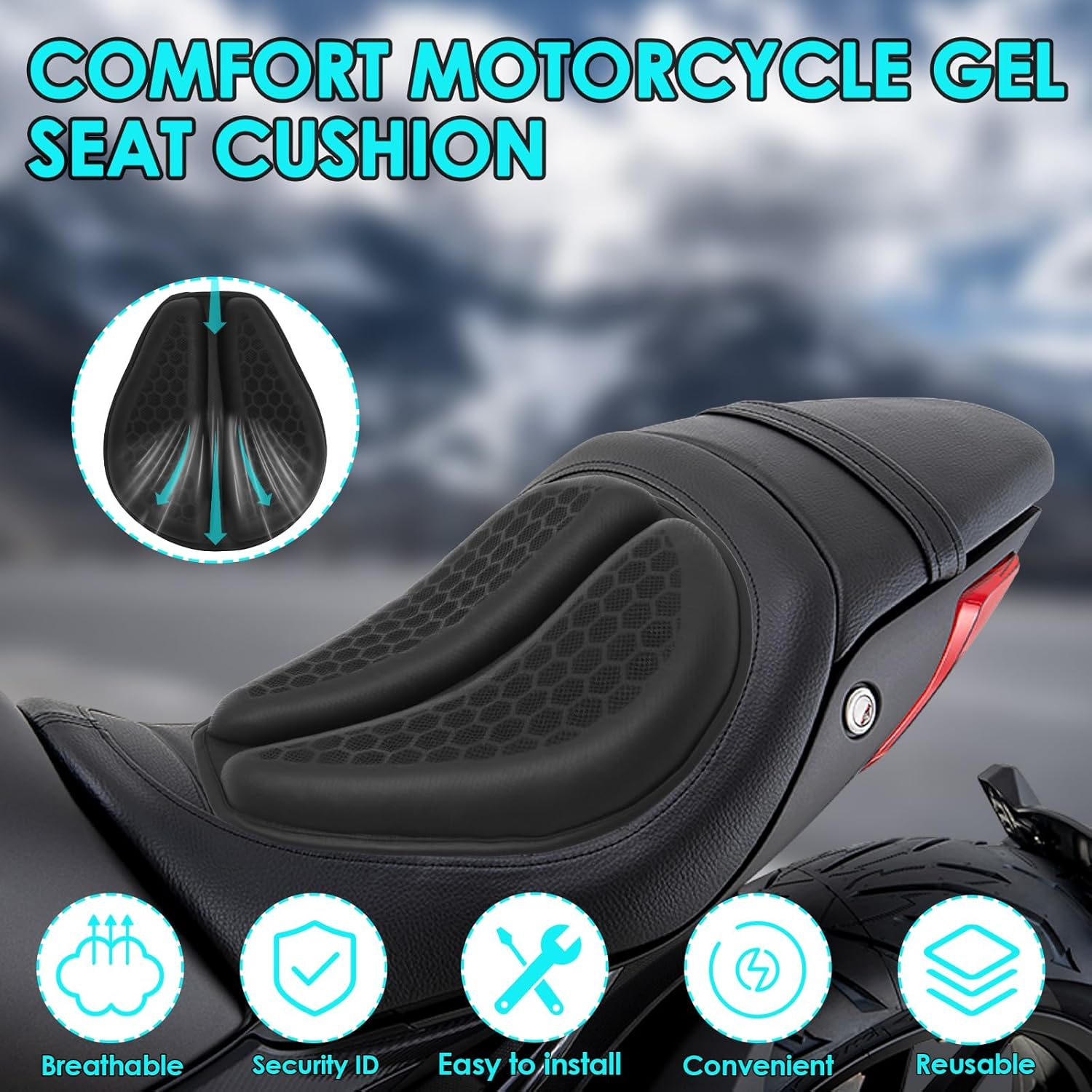 Motorcycle Gel Seat, Cushion Shock, Absorbing Breathable Motorcycle Gel Seat, 3D Honeycomb Structure, Pad Petal Shape Design, Stay Cool and Comfortable for Long Ride image number 6