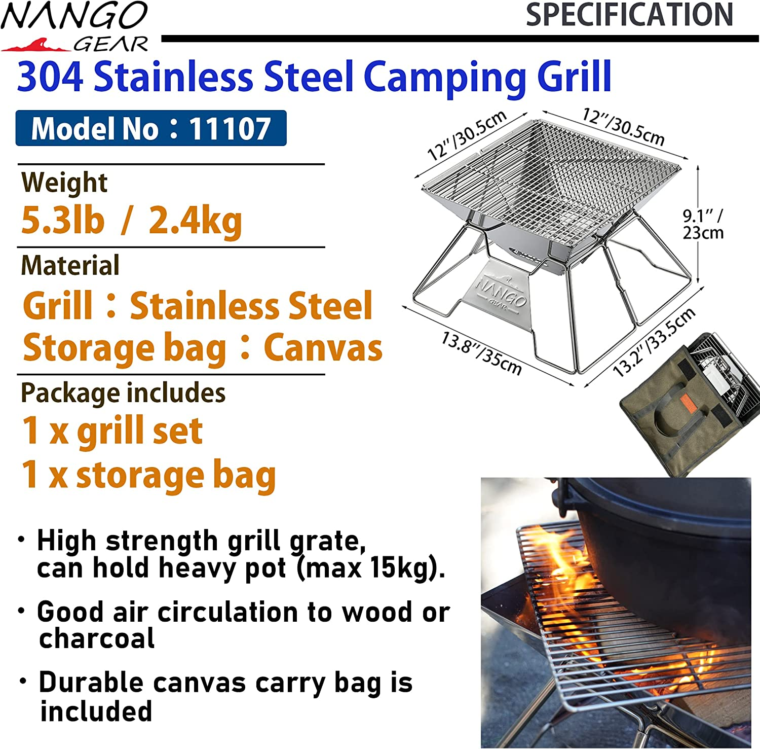 NANGOGEAR Flatpack Camping Grill Portable Wood Burning Stove Grill Stainless Steel 111107(MT-2) image number 1