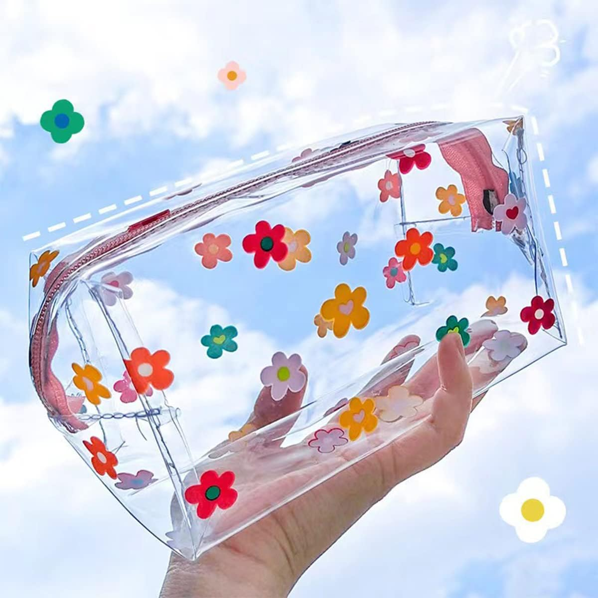 ZMZZ Cute Makeup Bag, Transparent Portable Makeup Bag, Waterproof Toiletries Storage Bag, Large Capacity Pen Bag, Colorful Flowers, Cute and Transparent Makeup Bag, Large Capacity Pencil Case - Colorful Flowers image number 6